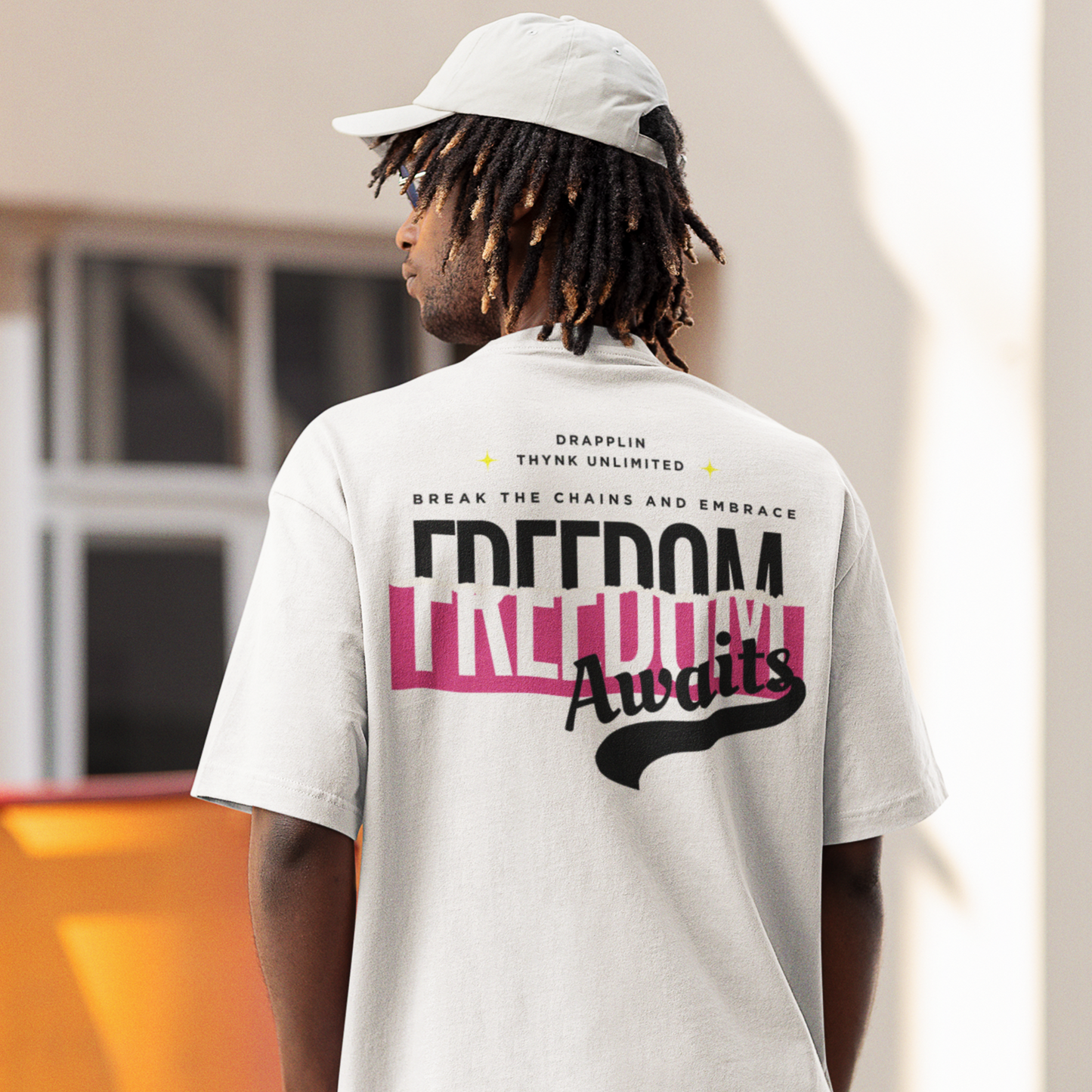 Freedom Awaits Premium White Oversized Typography Back Printed T-shirt