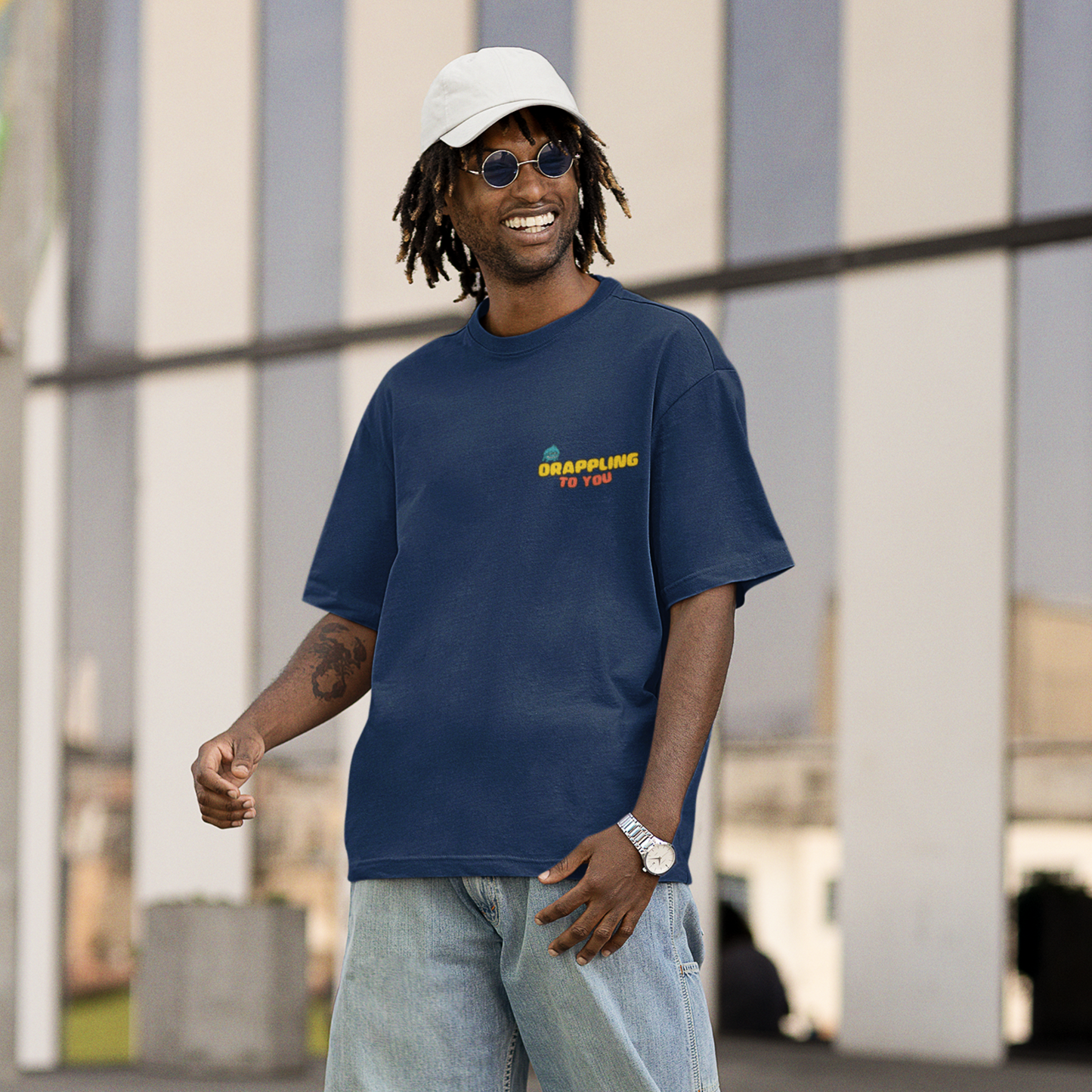 Drapplin To You Premium Navy Blue Oversized Typography Back Printed T-shirt