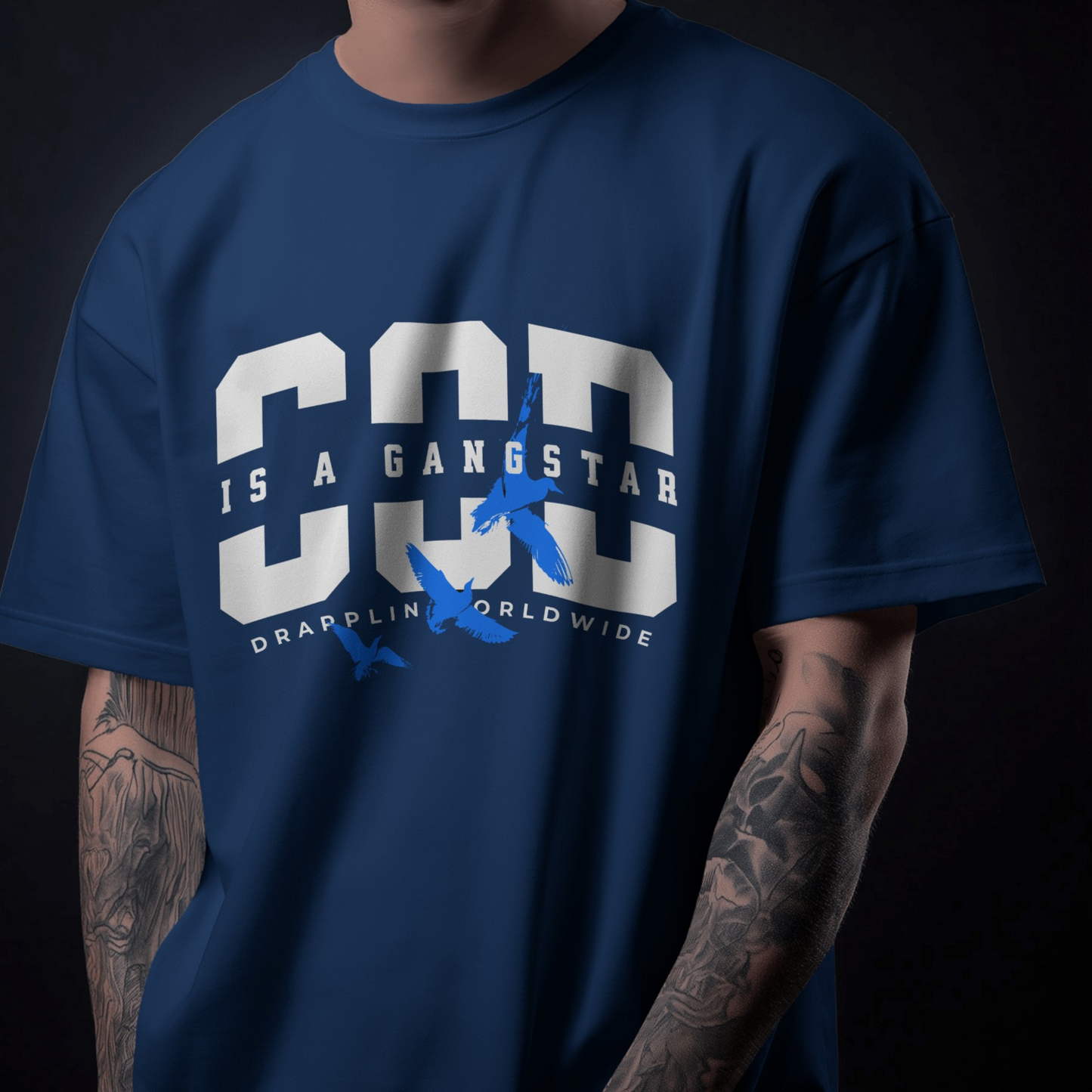 God Gangster Premium Navy Blue Oversized Typography Printed T-shirt