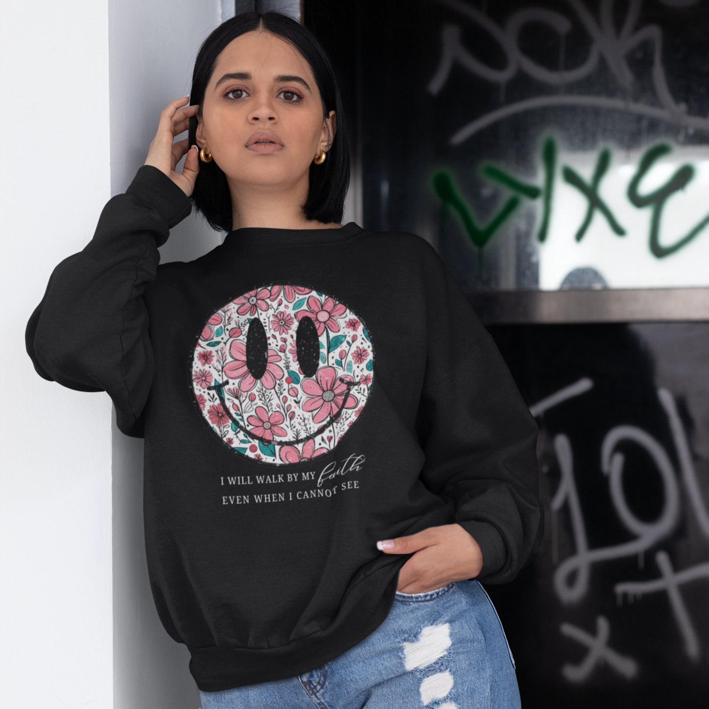 Smiley Black Woman Regular Typographic Printed Sweatshirt