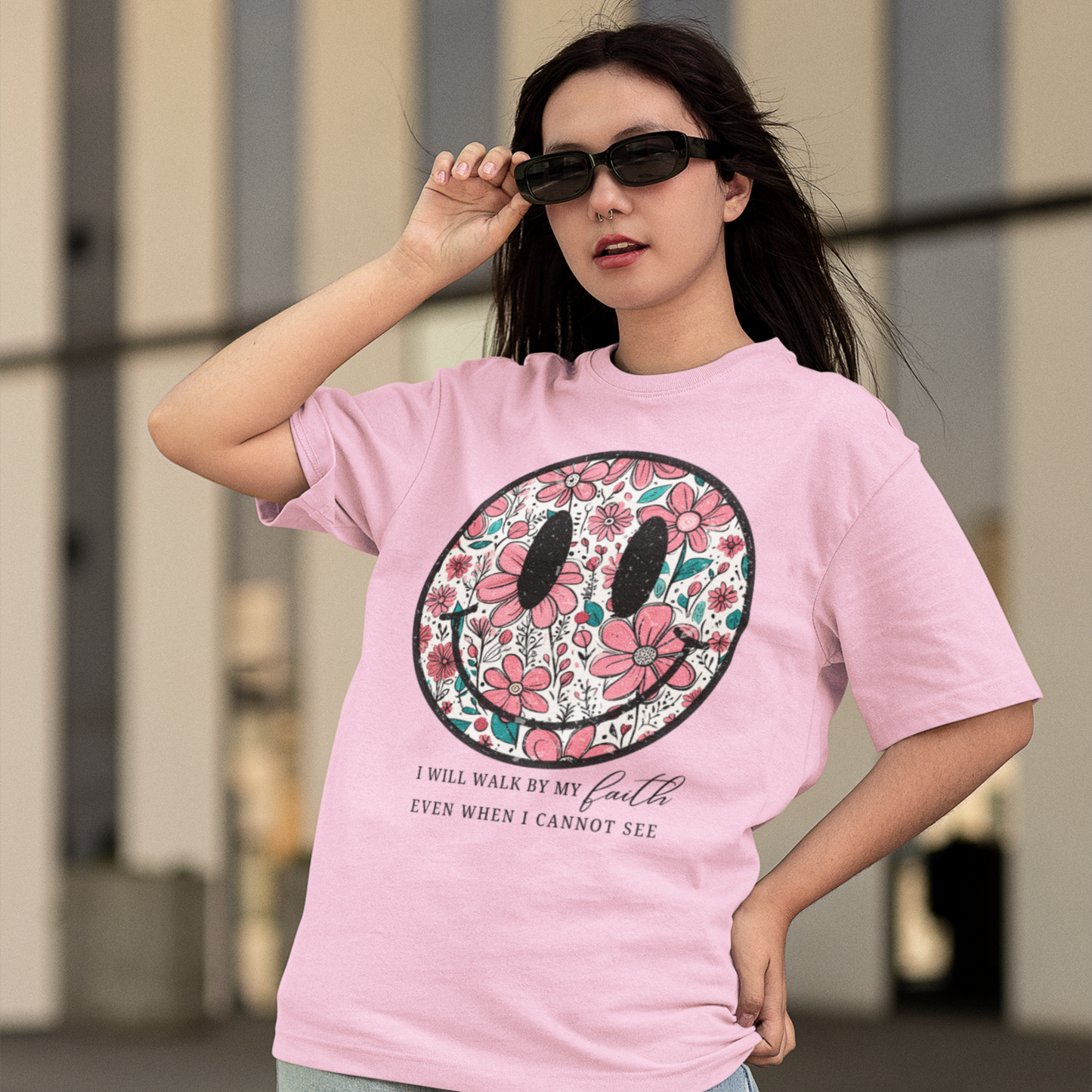 Smiley Premium Baby Pink Woman Oversized Printed T-shirt