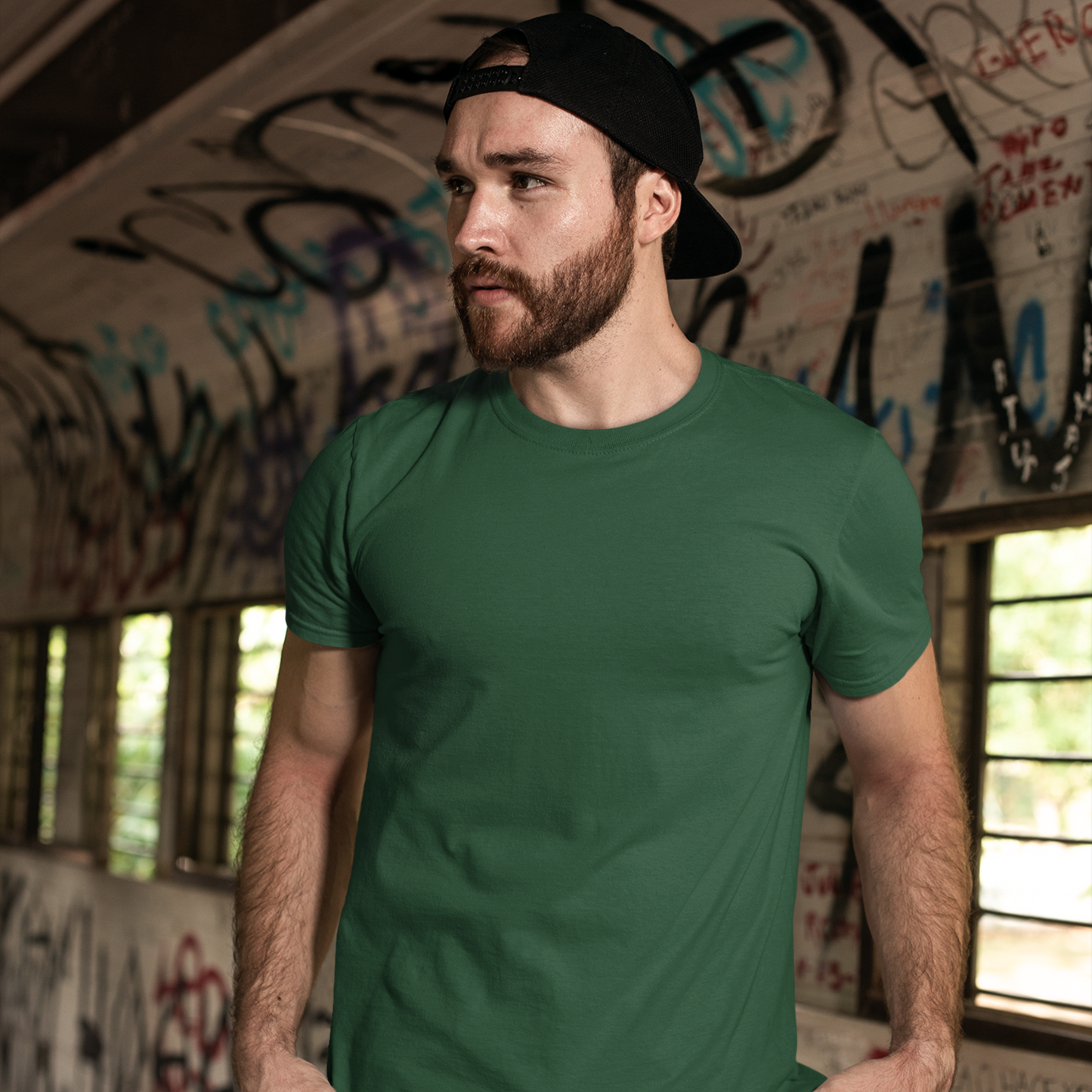 Premium Bottle Green Regular Crew Neck Solid Plain T-shirt