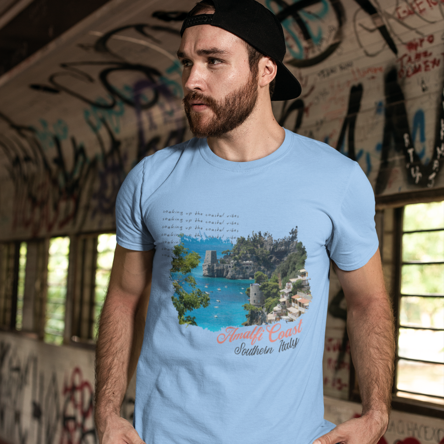 Amalfi Coast Baby Blue Crew Neck Graphic Printed T-shirt