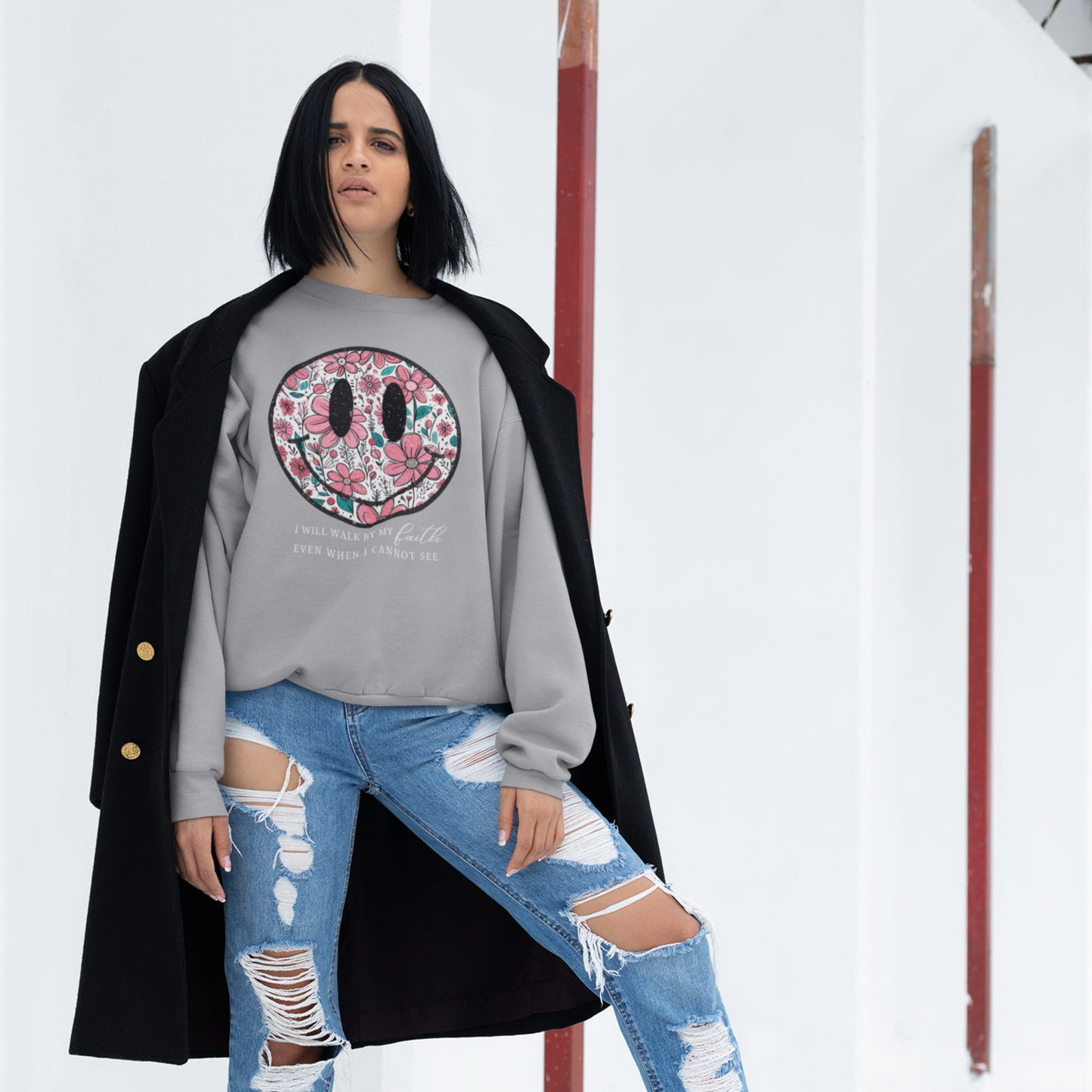 Smiley Grey Mélange Woman Regular Typographic Printed Sweatshirt