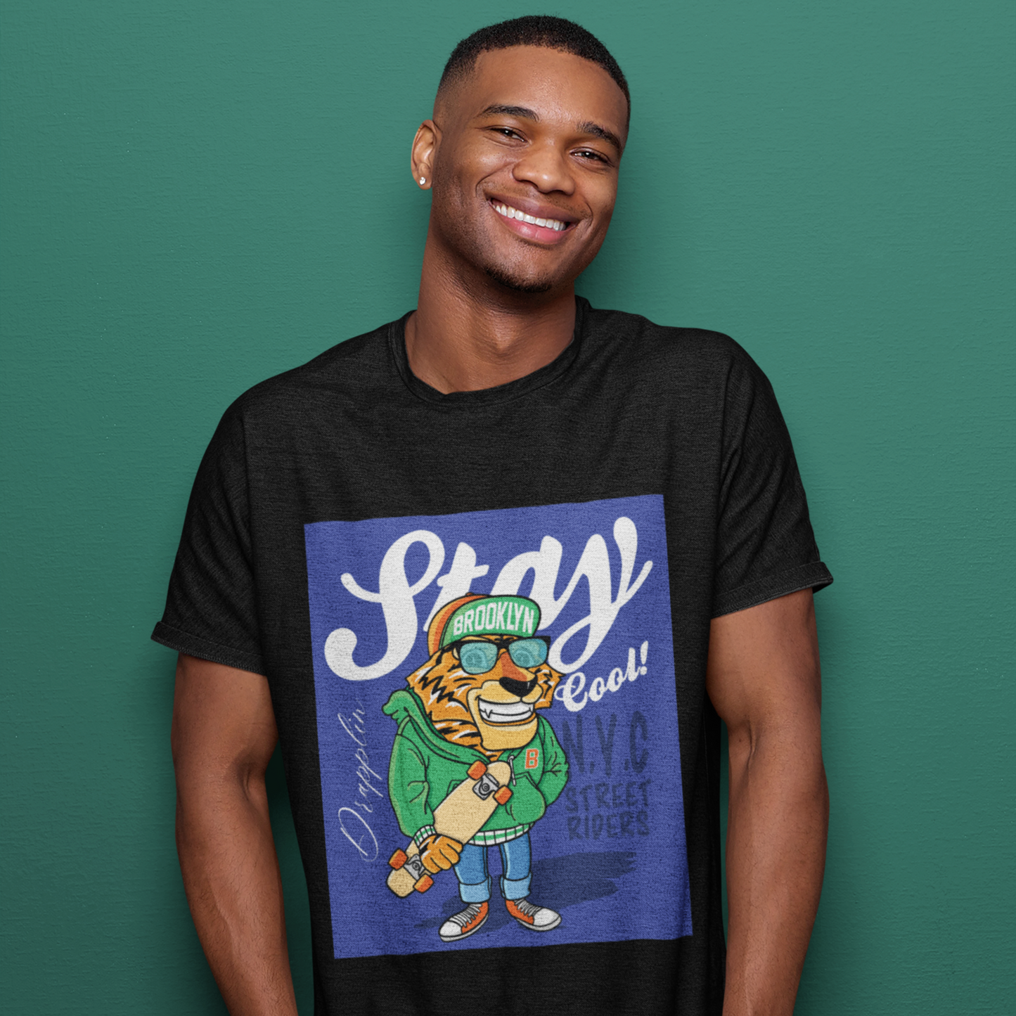 Stay Premium Black Crew Neck Graphic Printed T-shirt