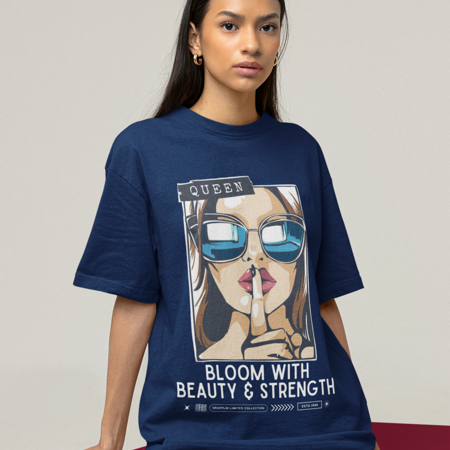 Beauty And Strength Premium Navy Blue Woman Oversized Printed T-shirt