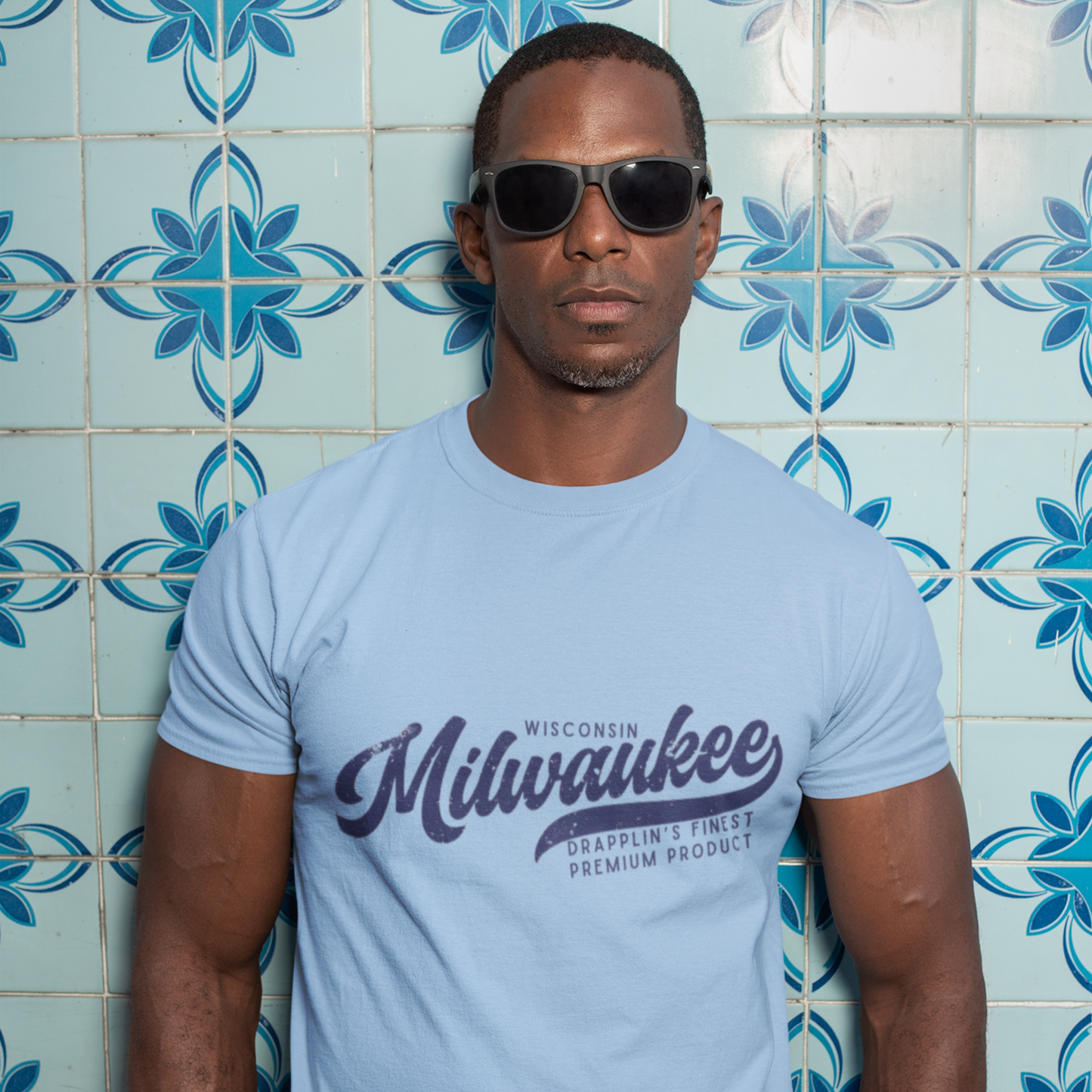 Milwaukee Baby Blue Crew Neck Graphic Printed T-shirt