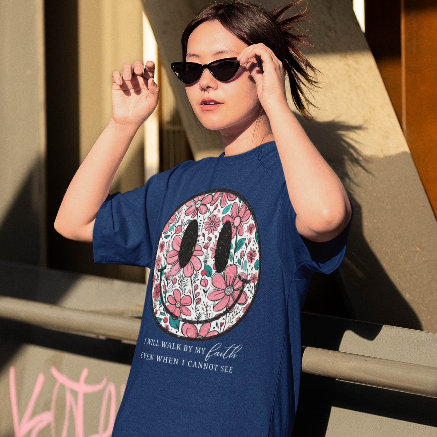 Smiley Premium Navy Blue Woman Oversized Printed T-shirt