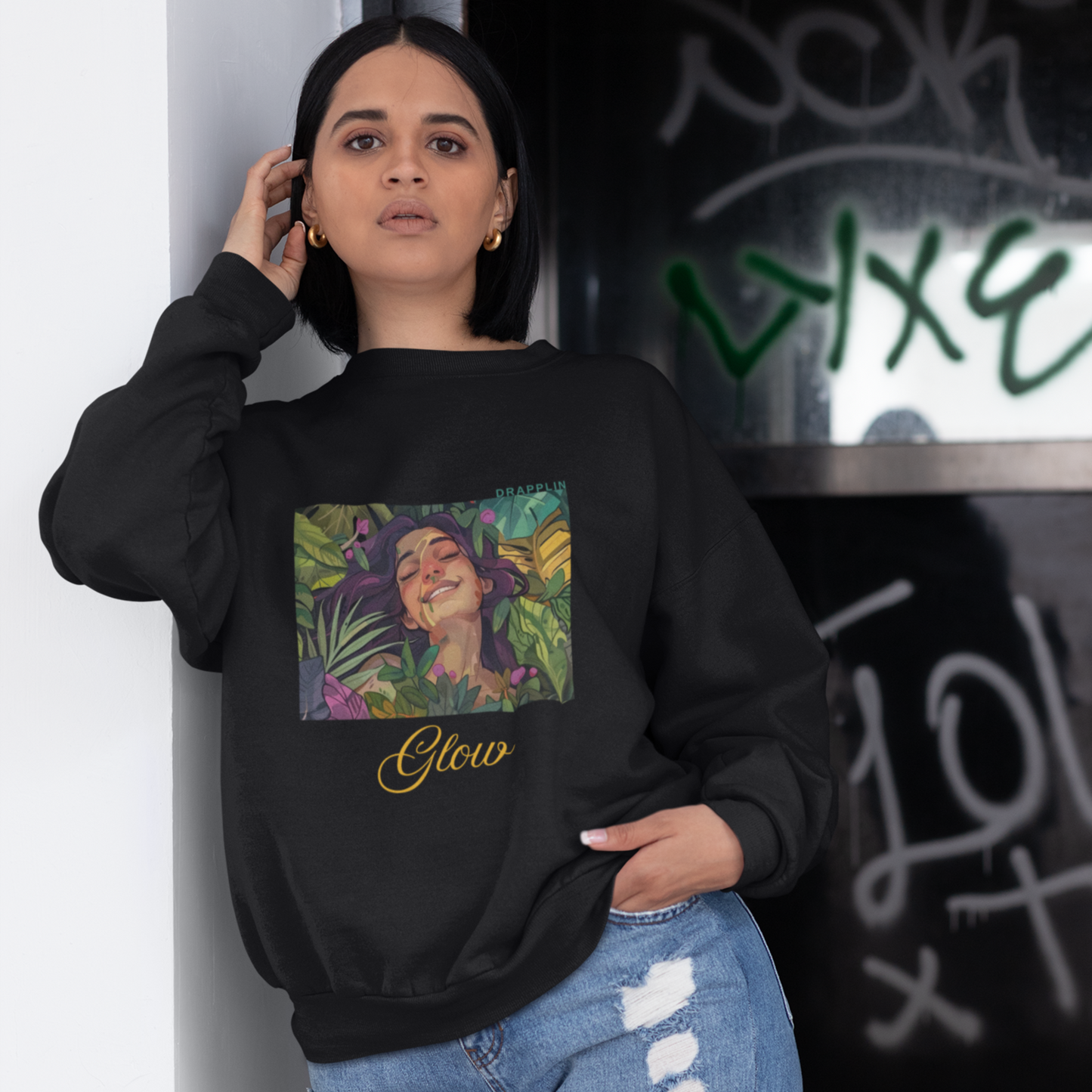 Glow Black Woman Regular Typographic Printed Sweatshirt