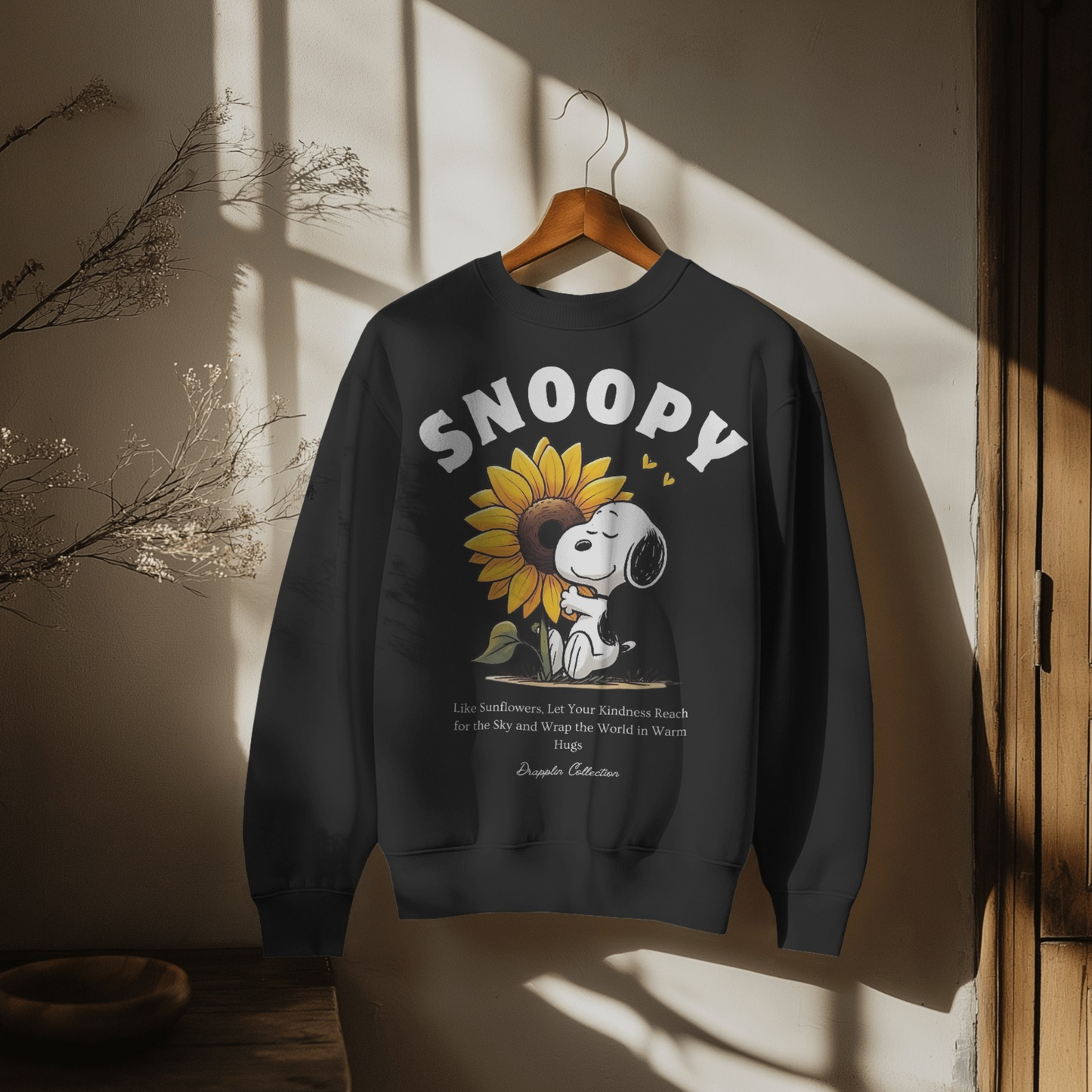 Snoopy Black Woman Regular Typographic Printed Sweatshirt