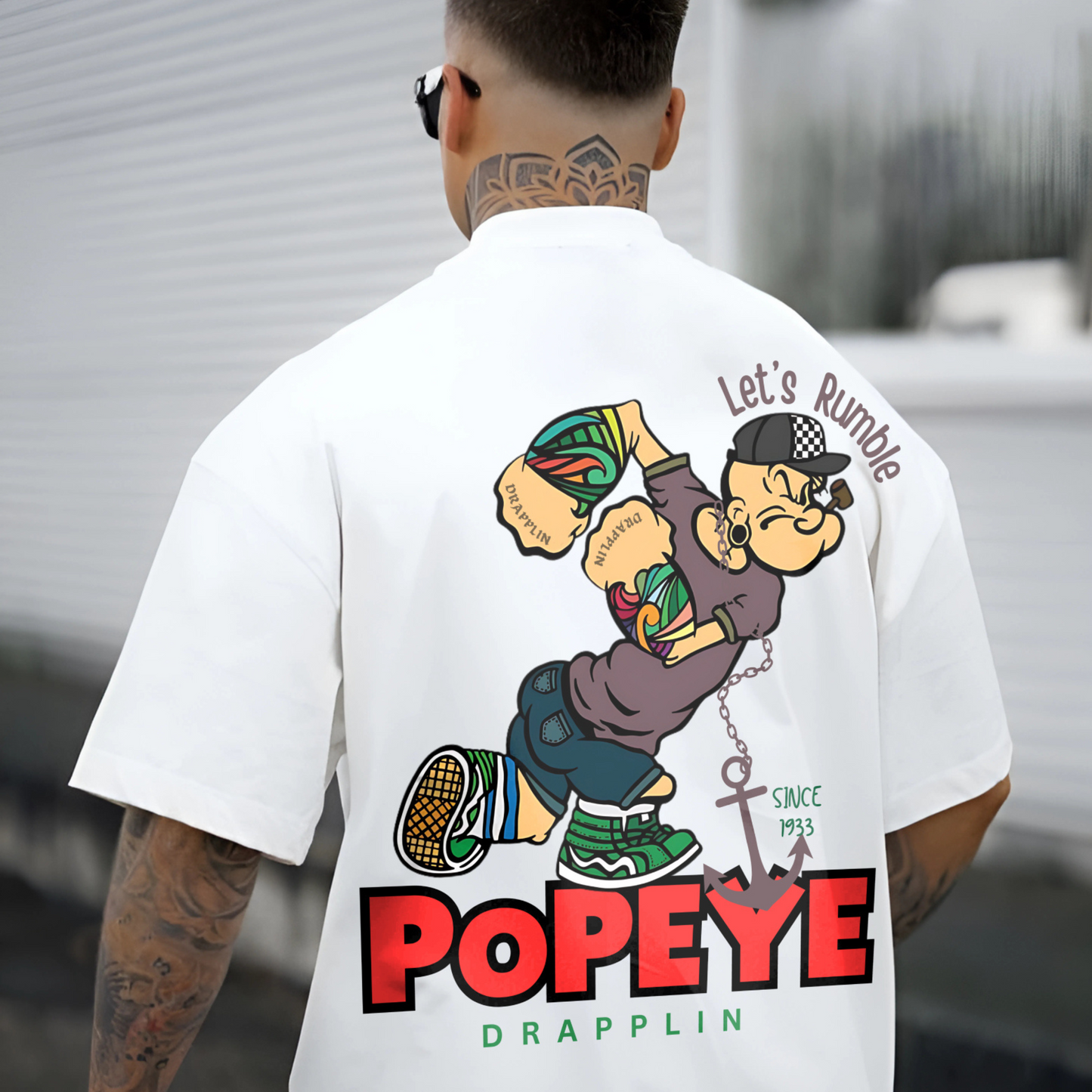 Popeye Premium White Oversized Typography Back Printed T-shirt