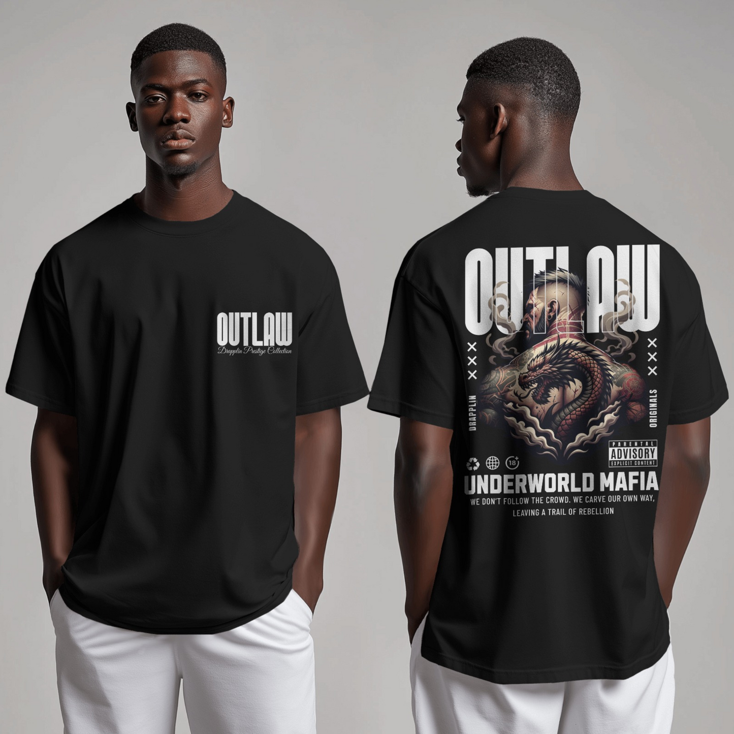 Outlaw Premium Black Oversized Typography Back Printed T-shirt