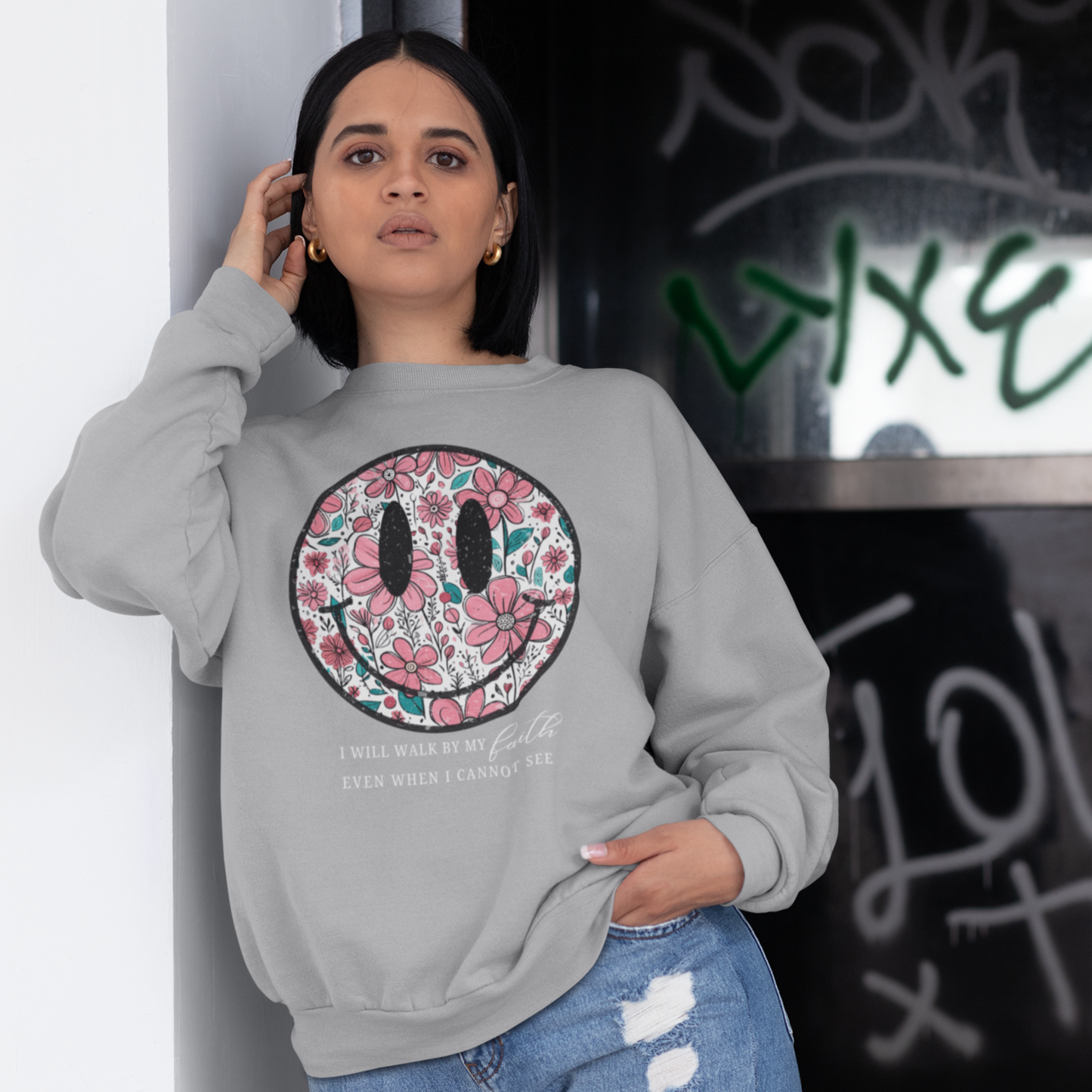 Smiley Grey Mélange Woman Regular Typographic Printed Sweatshirt