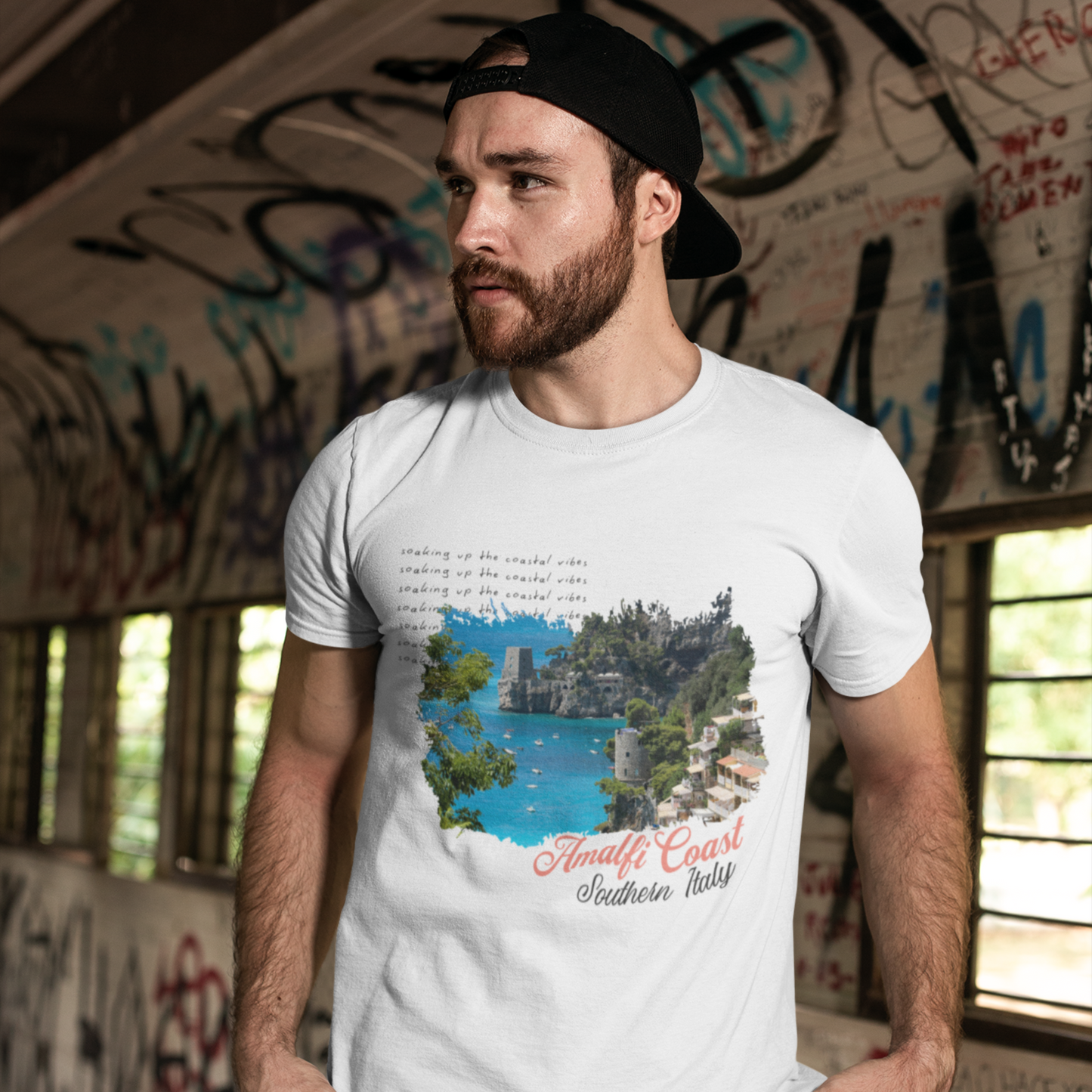 Amalfi Coast White Crew Neck Graphic Printed T-shirt