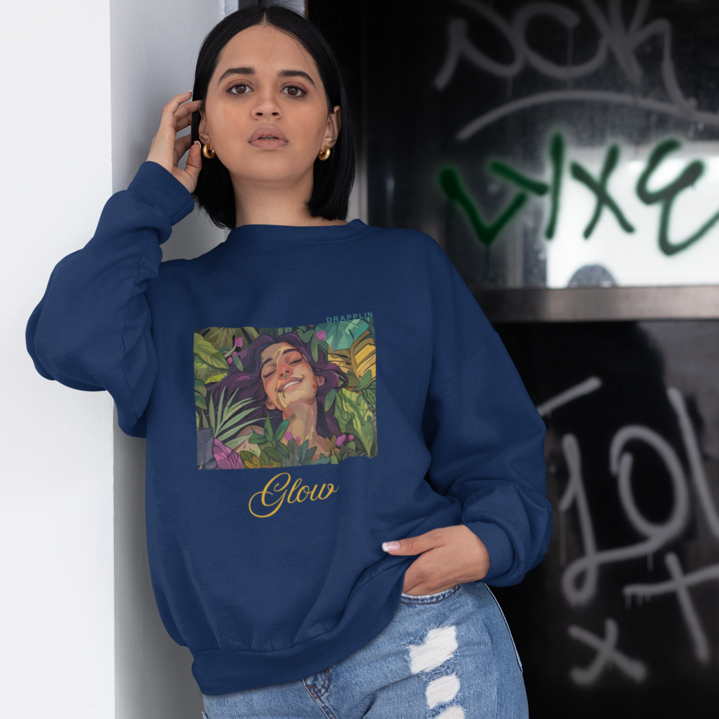 Glow Navy Blue Woman Regular Typographic Printed Sweatshirt
