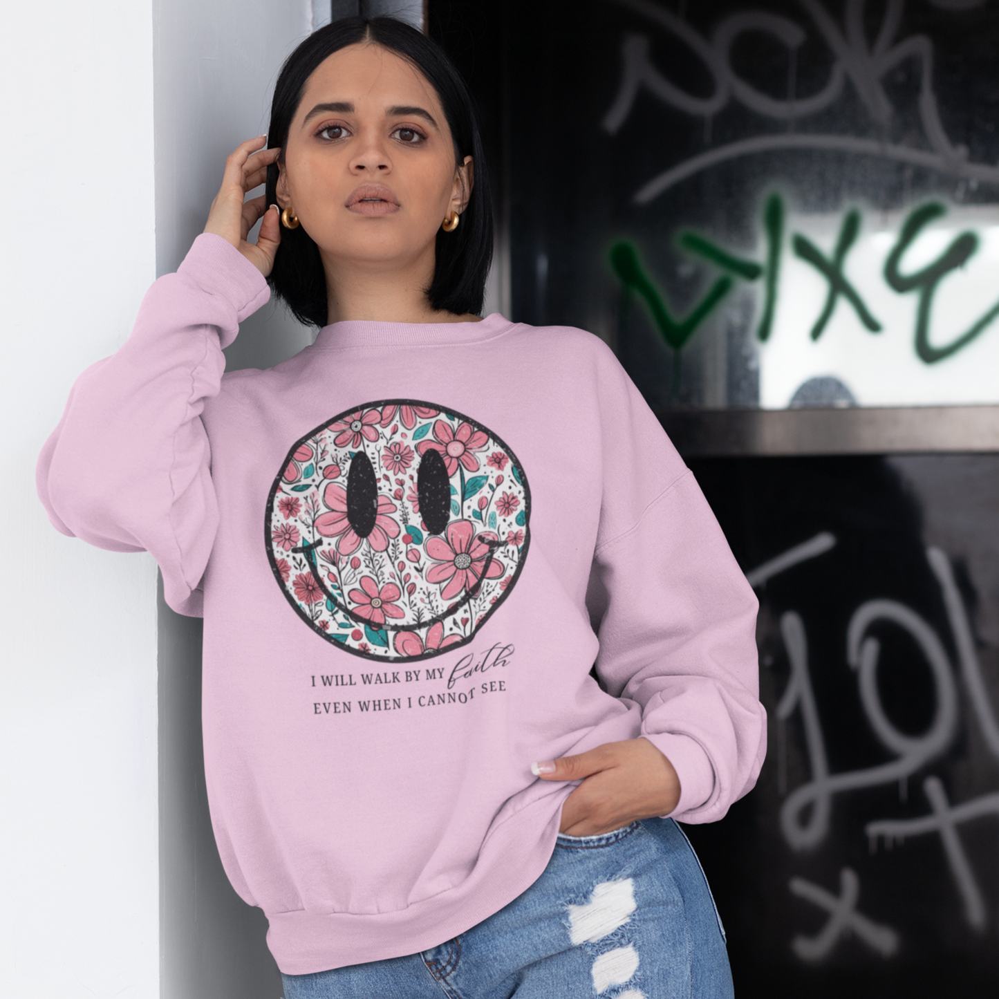 Smiley Baby Pink Woman Regular Typographic Printed Sweatshirt