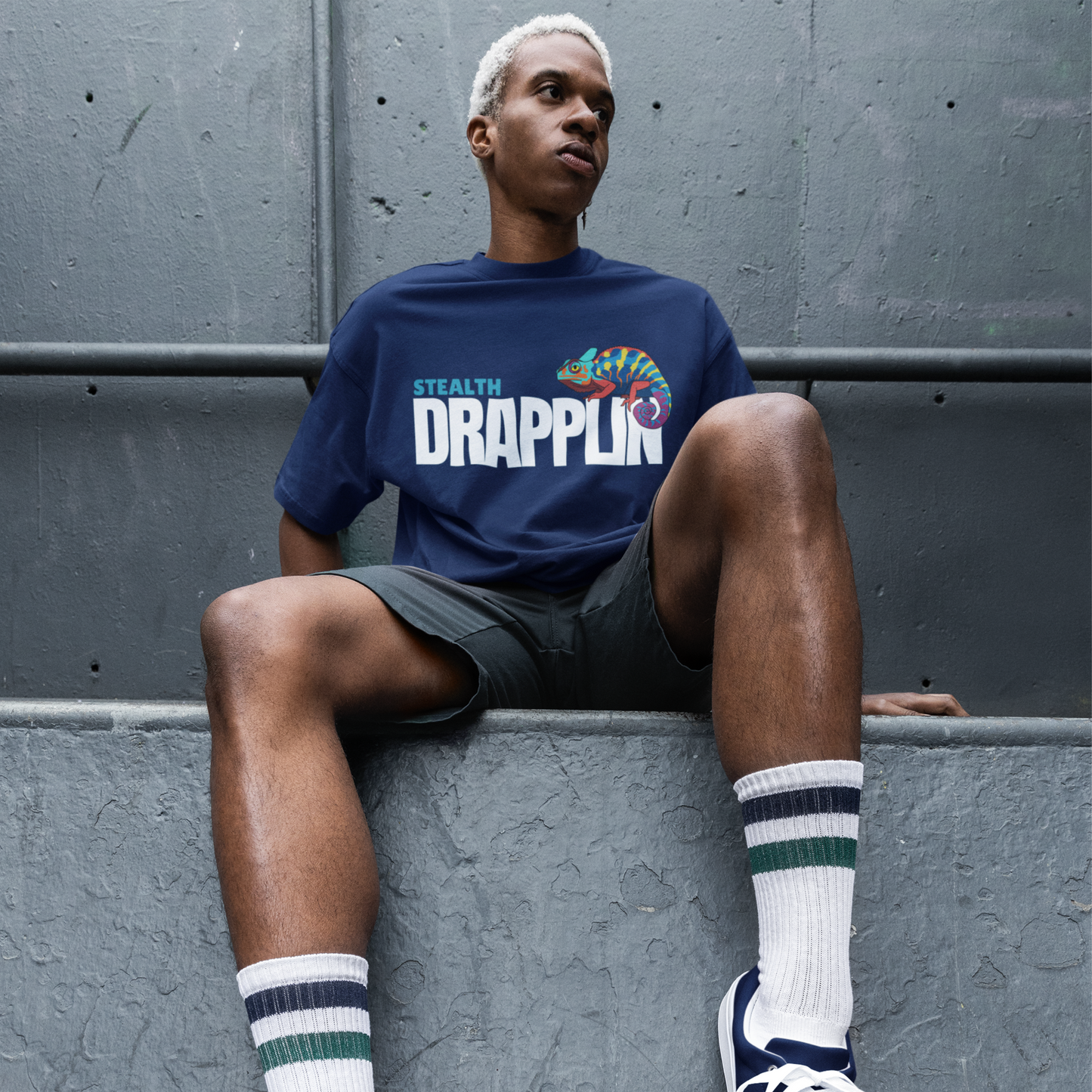 Stealth Premium Navy Blue Oversized Typography Printed T-shirt
