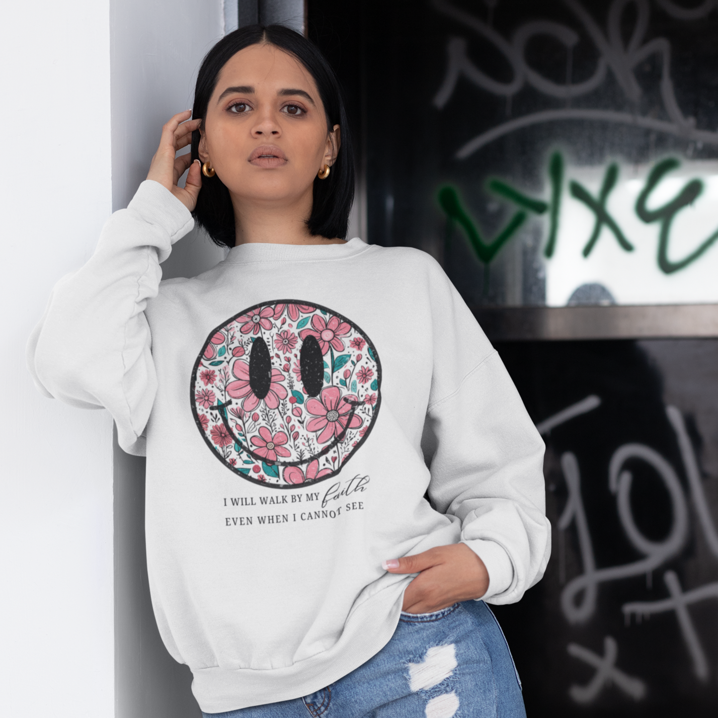 Smiley White Woman Regular Typographic Printed Sweatshirt