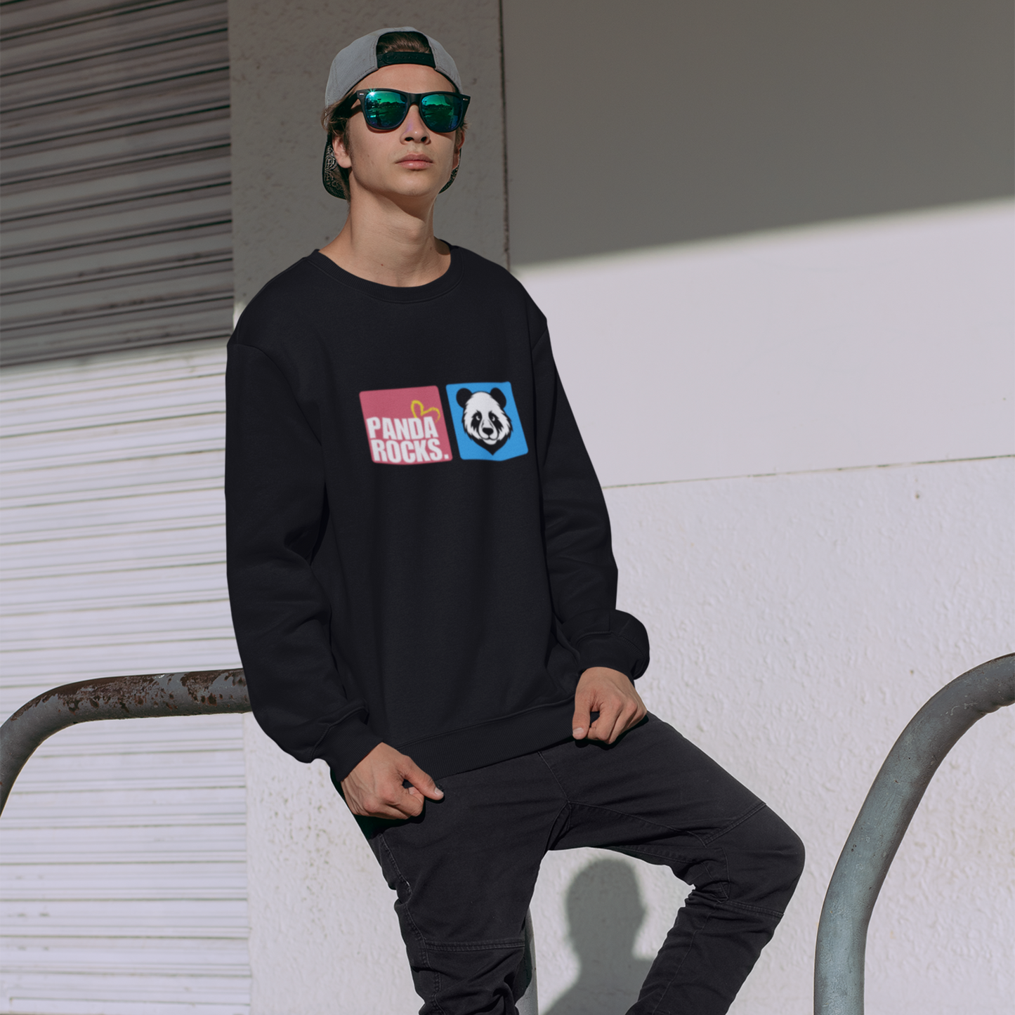 Panda Rocks Black Oversized Back Typographic Printed Sweatshirt