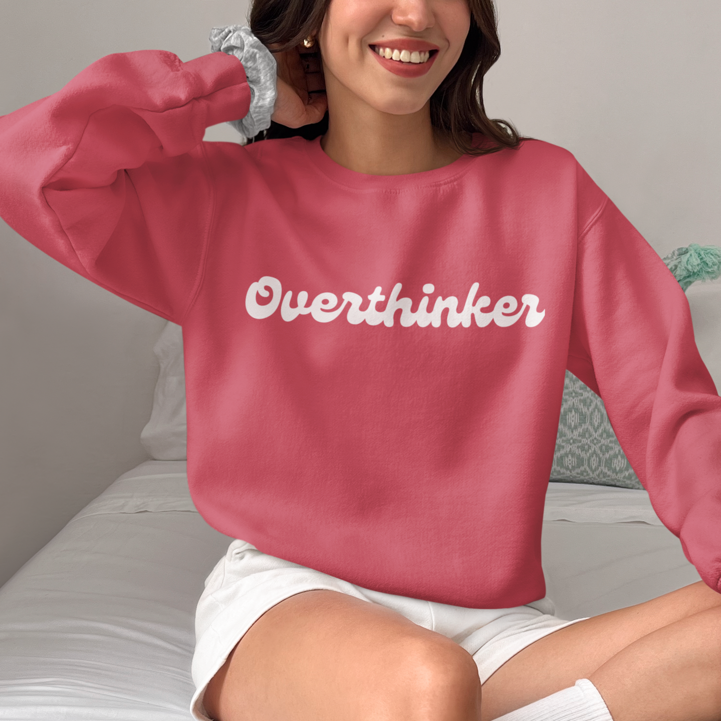 Overthinker Coral Woman Regular Typographic Printed Sweatshirt