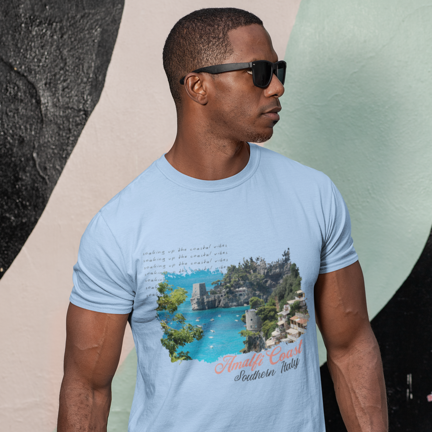 Amalfi Coast Baby Blue Crew Neck Graphic Printed T-shirt