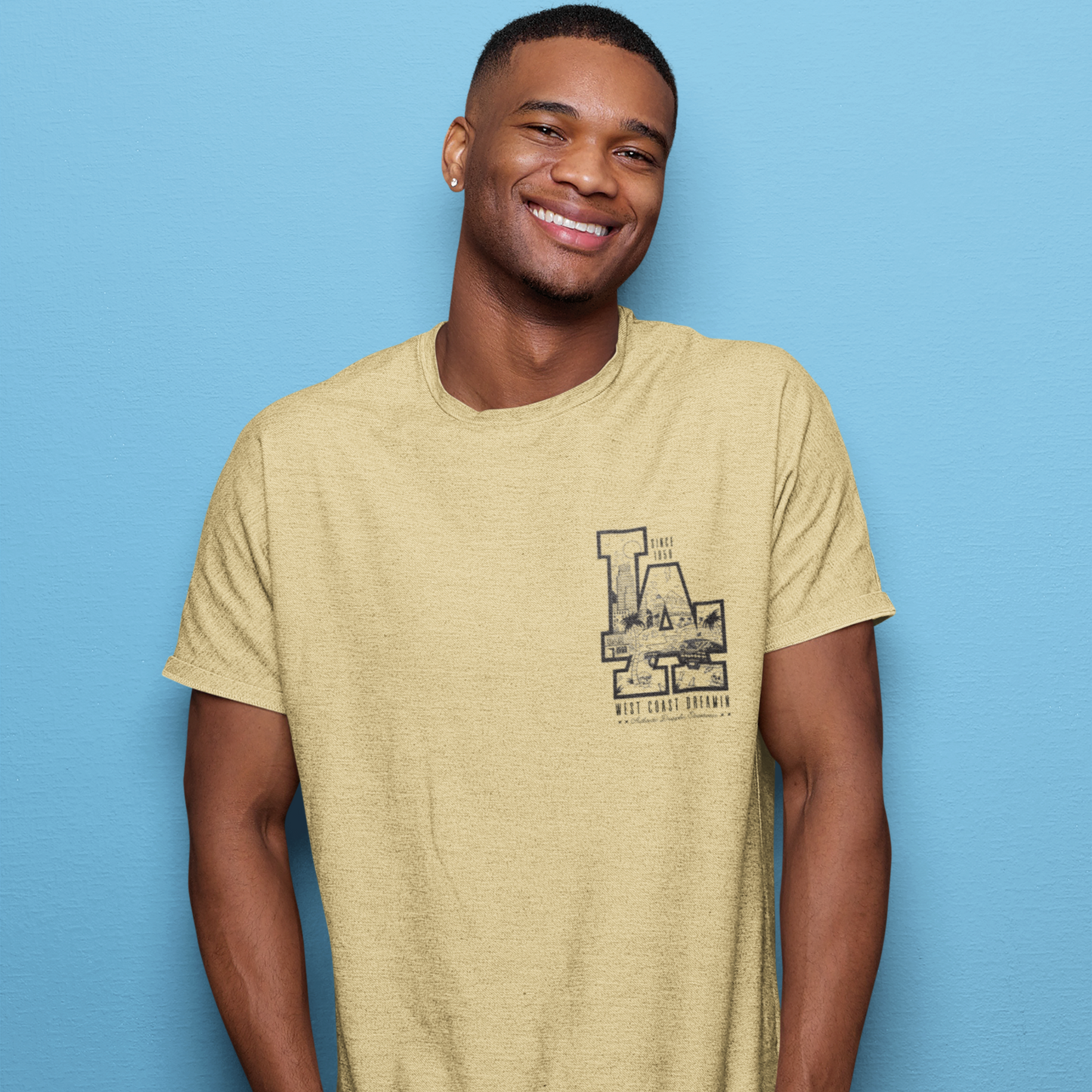 LA Beige Crew Neck Graphic Printed T-shirt
