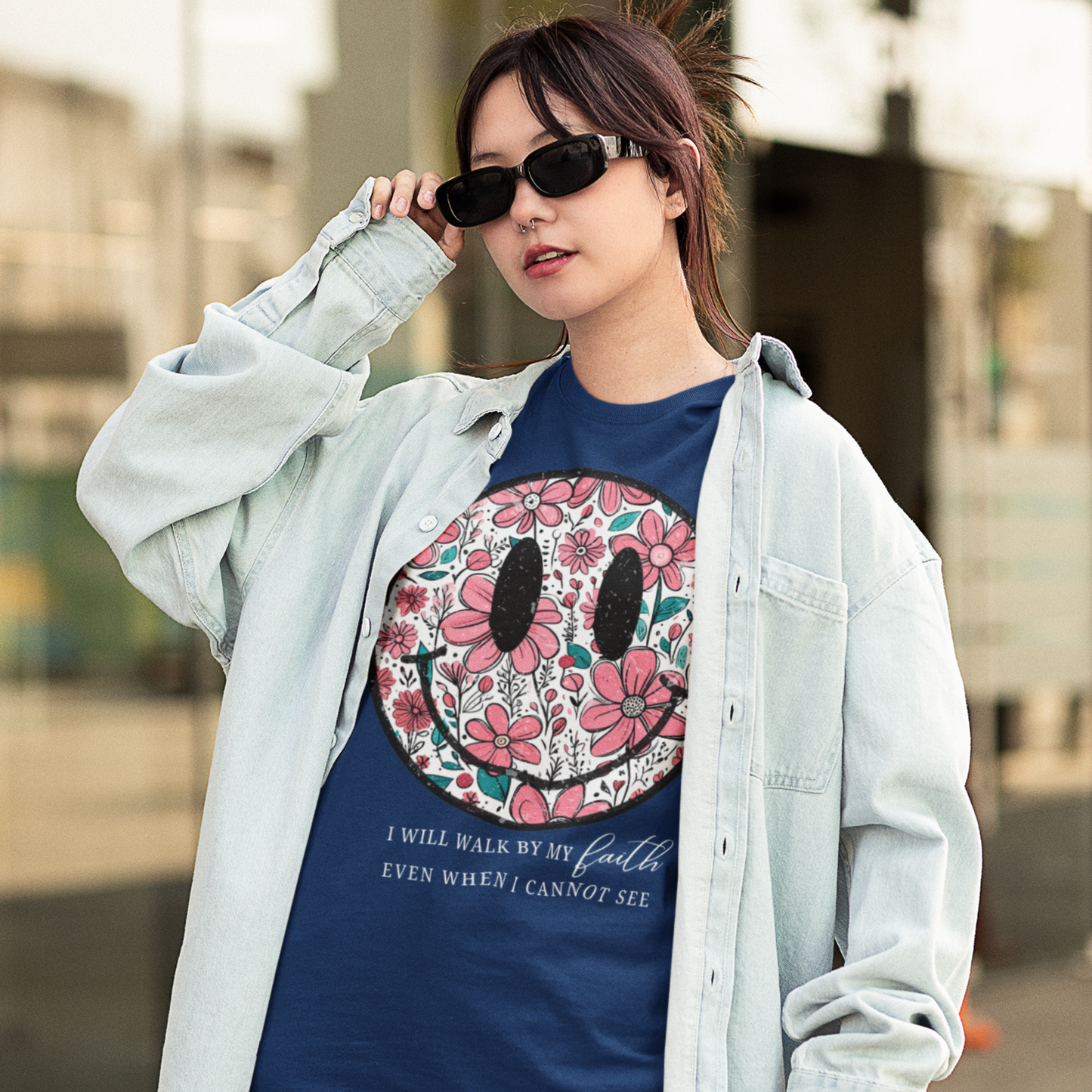 Smiley Premium Navy Blue Woman Oversized Printed T-shirt