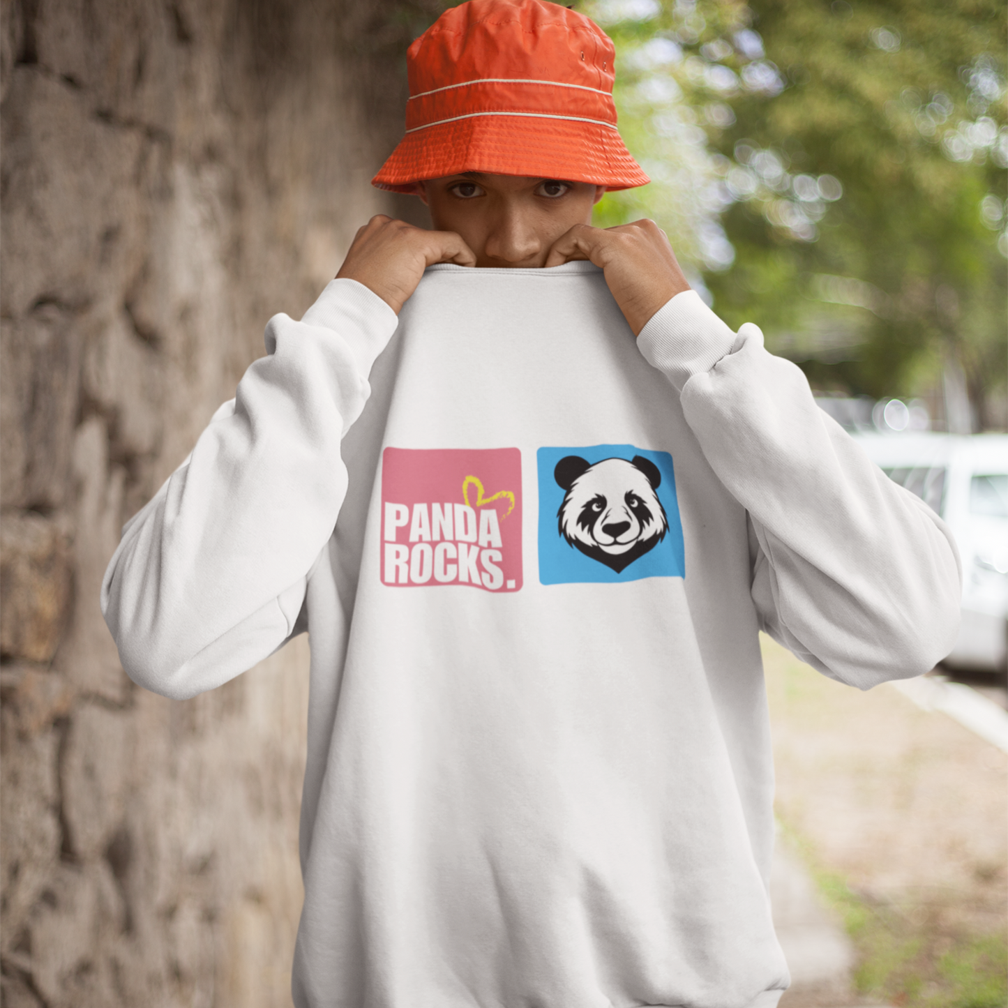 Panda Rocks White Oversized Back Typographic Printed Sweatshirt