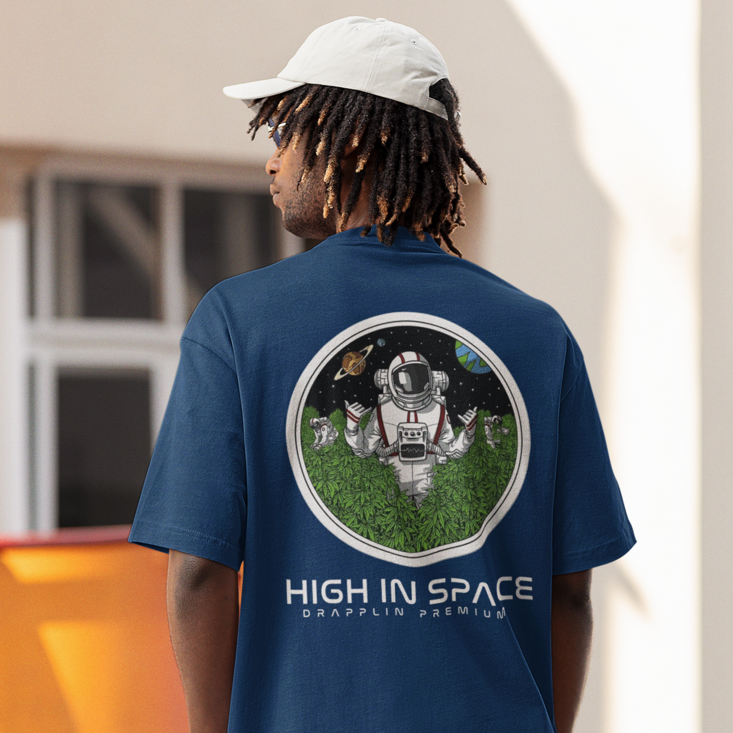 Space Premium Navy Blue Oversized Typography Back Printed T-shirt