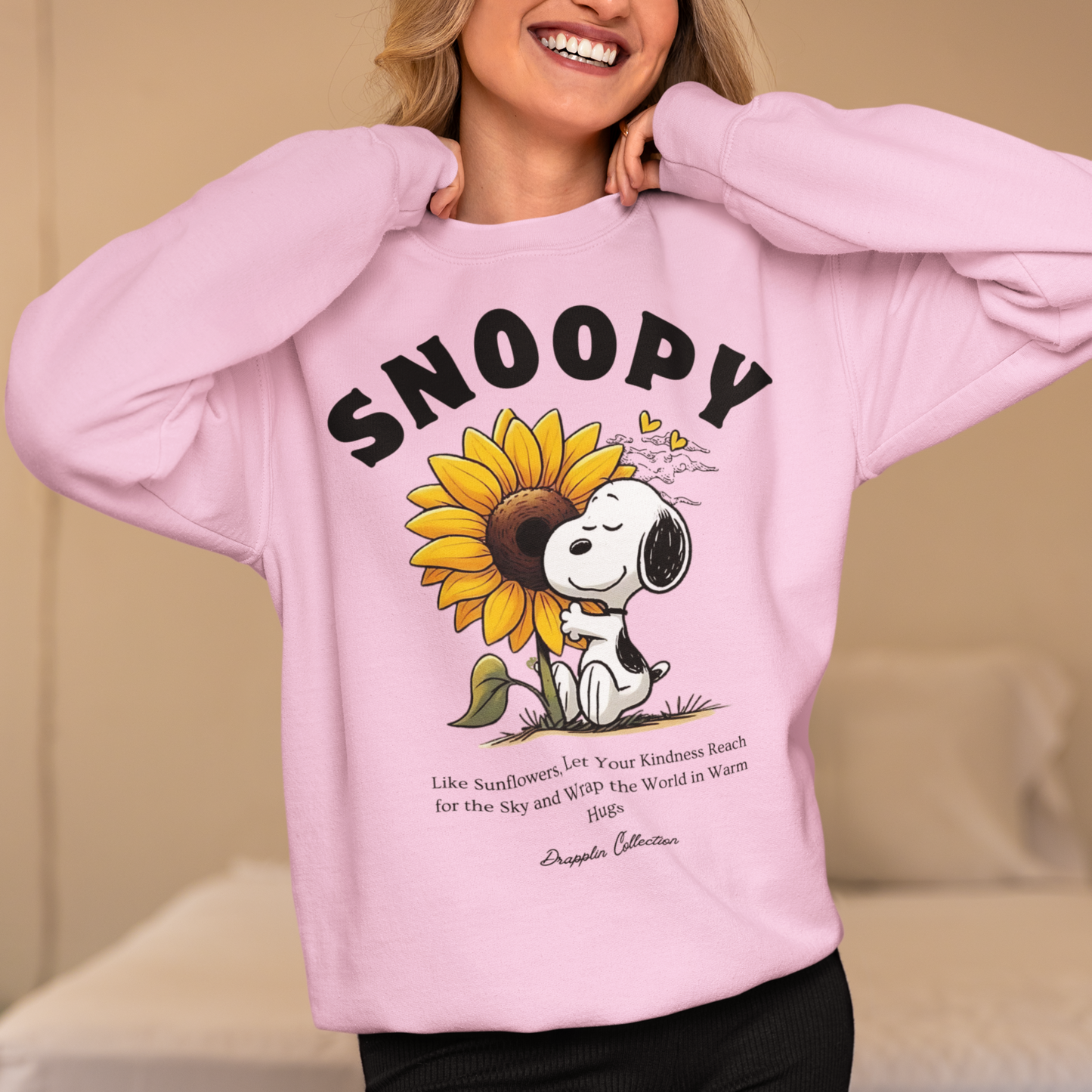 Snoopy Light Baby Pink Woman Regular Typographic Printed Sweatshirt