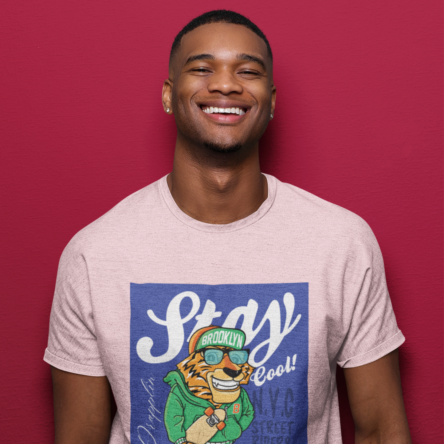 Stay Premium Baby Pink Crew Neck Graphic Printed T-shirt