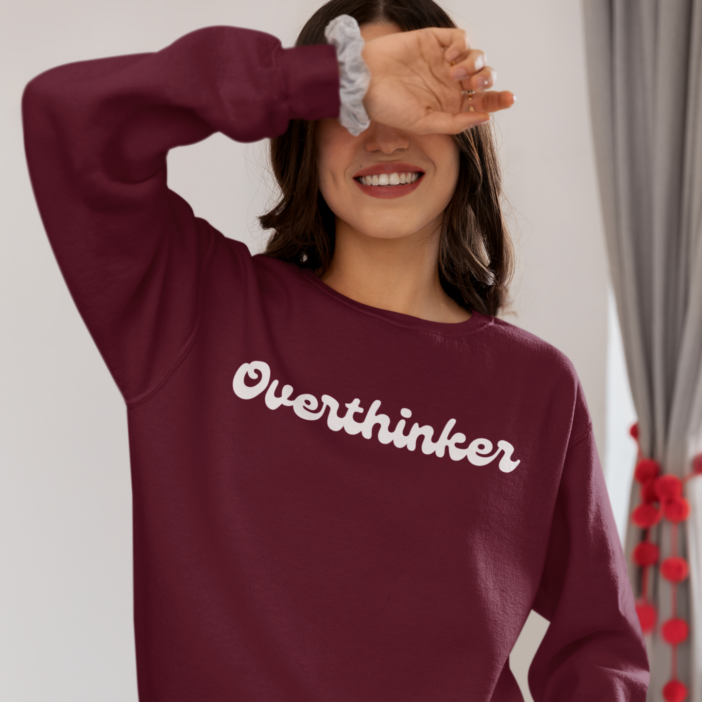 Overthinker Maroon Woman Regular Typographic Printed Sweatshirt