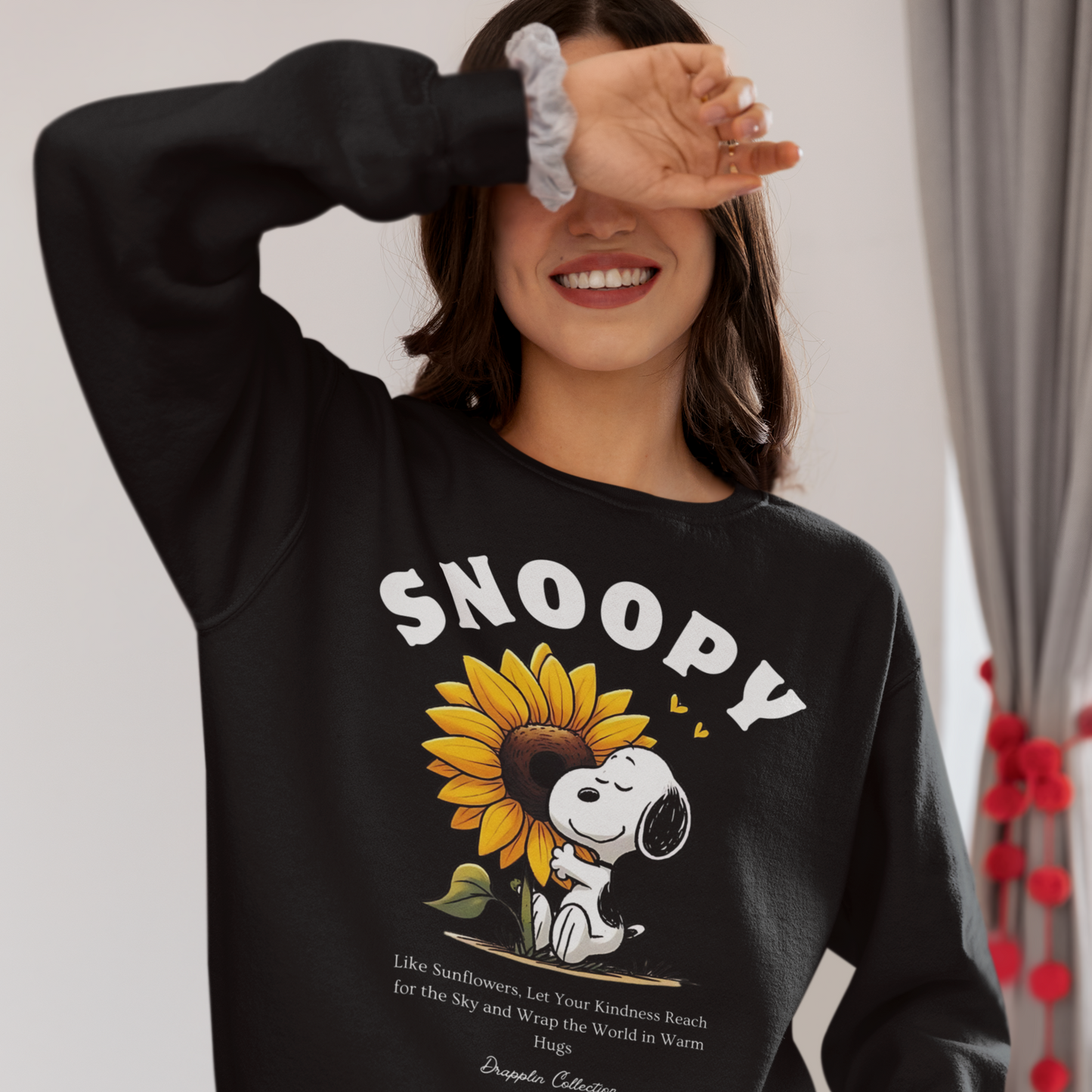 Snoopy Black Woman Regular Typographic Printed Sweatshirt