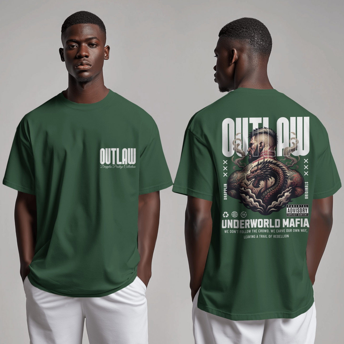 Outlaw Premium Forest Green Oversized Typography Back Printed T-shirt