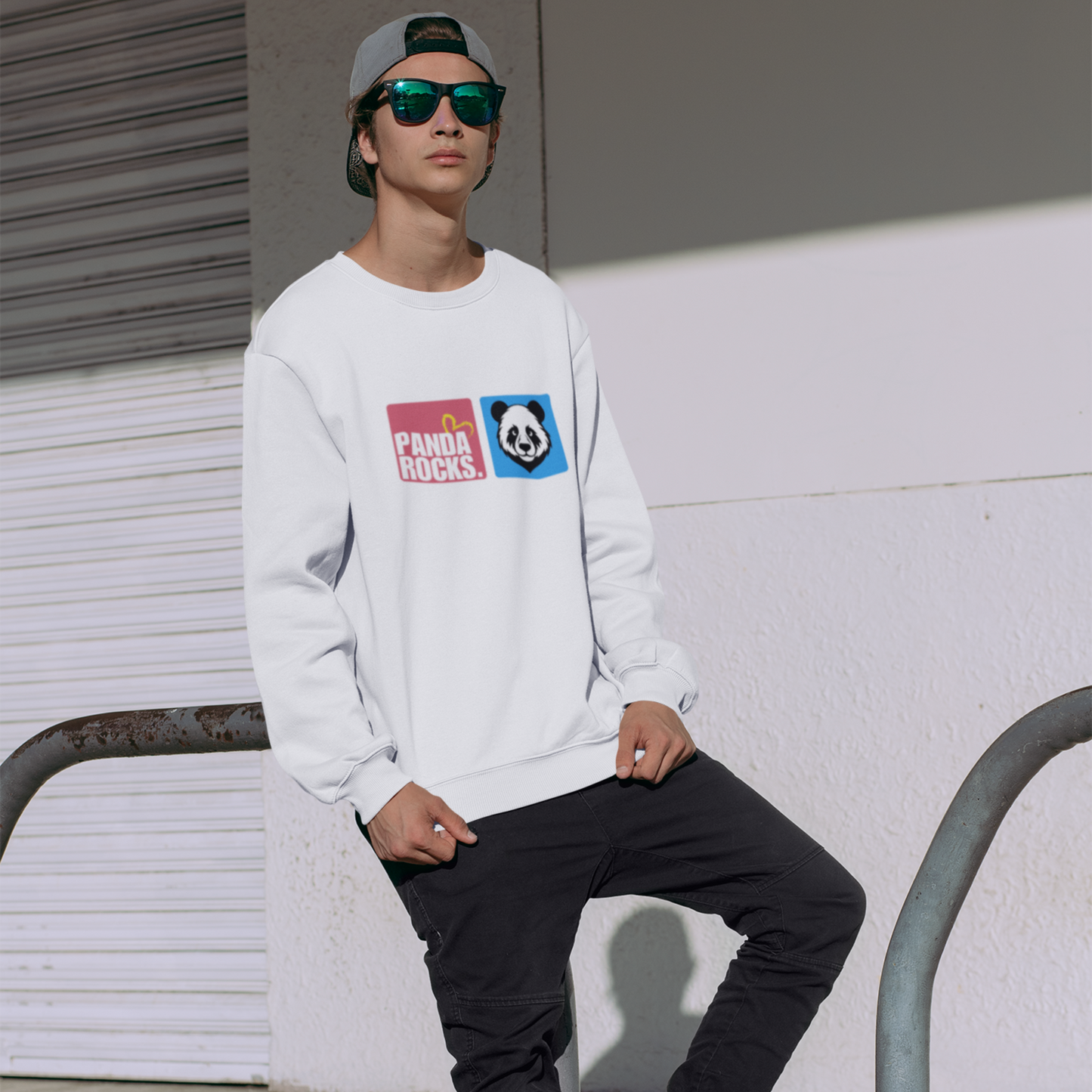 Panda Rocks White Oversized Back Typographic Printed Sweatshirt