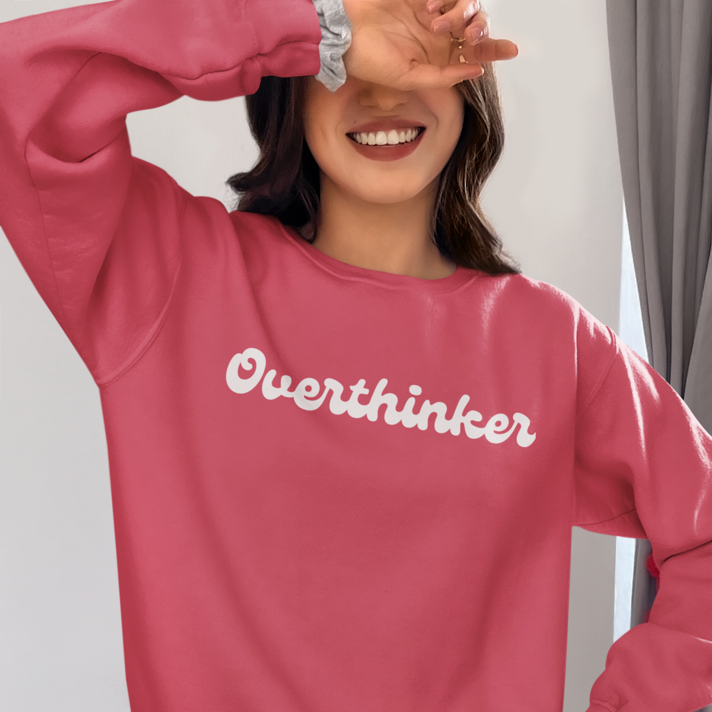 Overthinker Coral Woman Regular Typographic Printed Sweatshirt