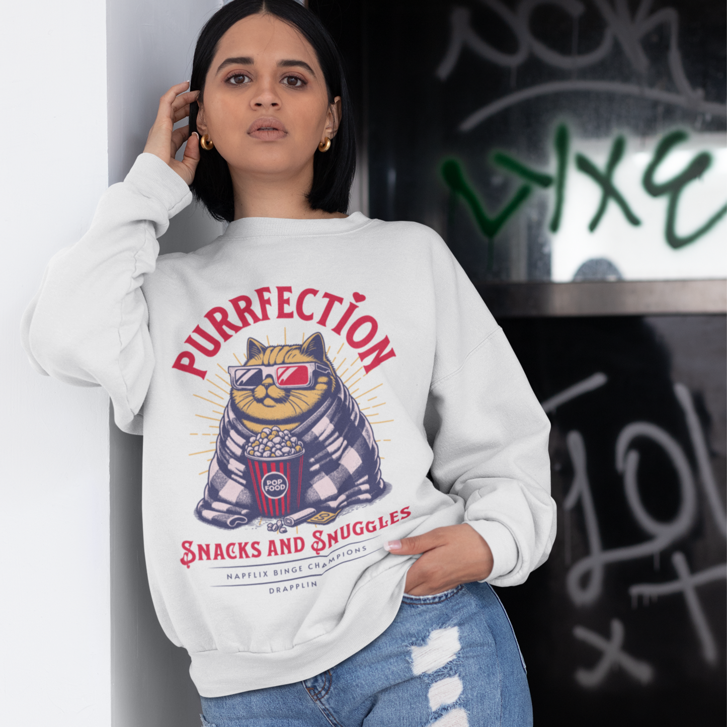 Purrfection White Woman Regular Typographic Printed Sweatshirt