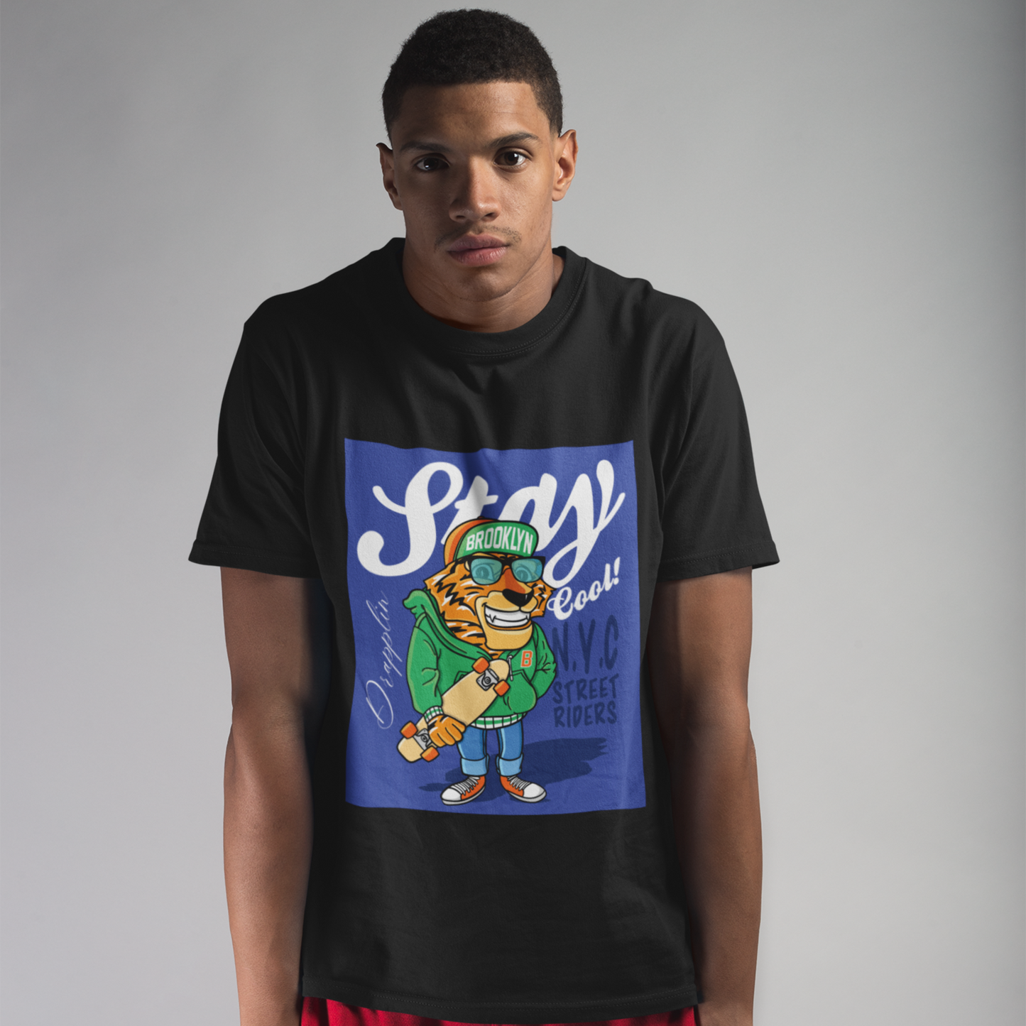 Stay Premium Black Crew Neck Graphic Printed T-shirt