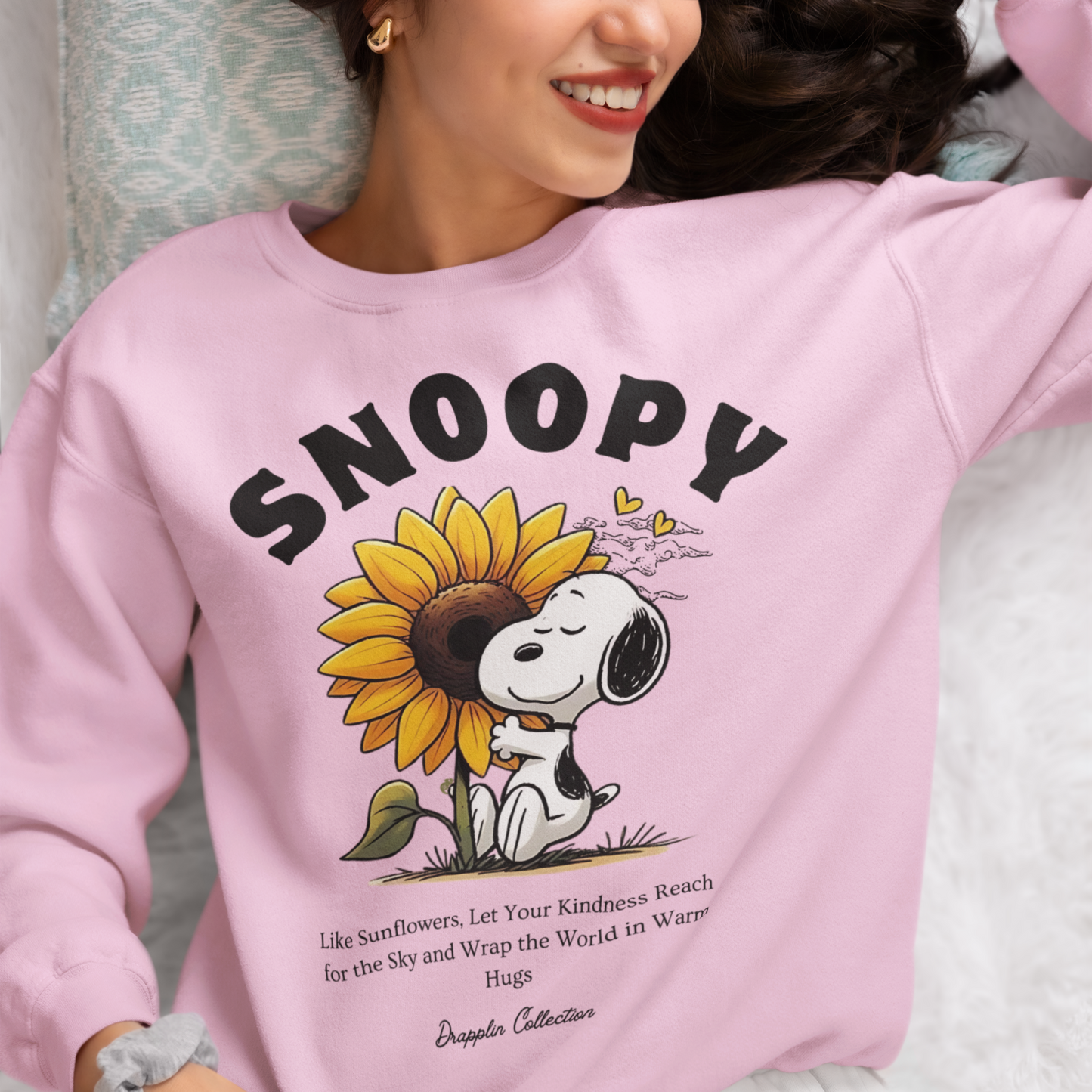 Snoopy Light Baby Pink Woman Regular Typographic Printed Sweatshirt