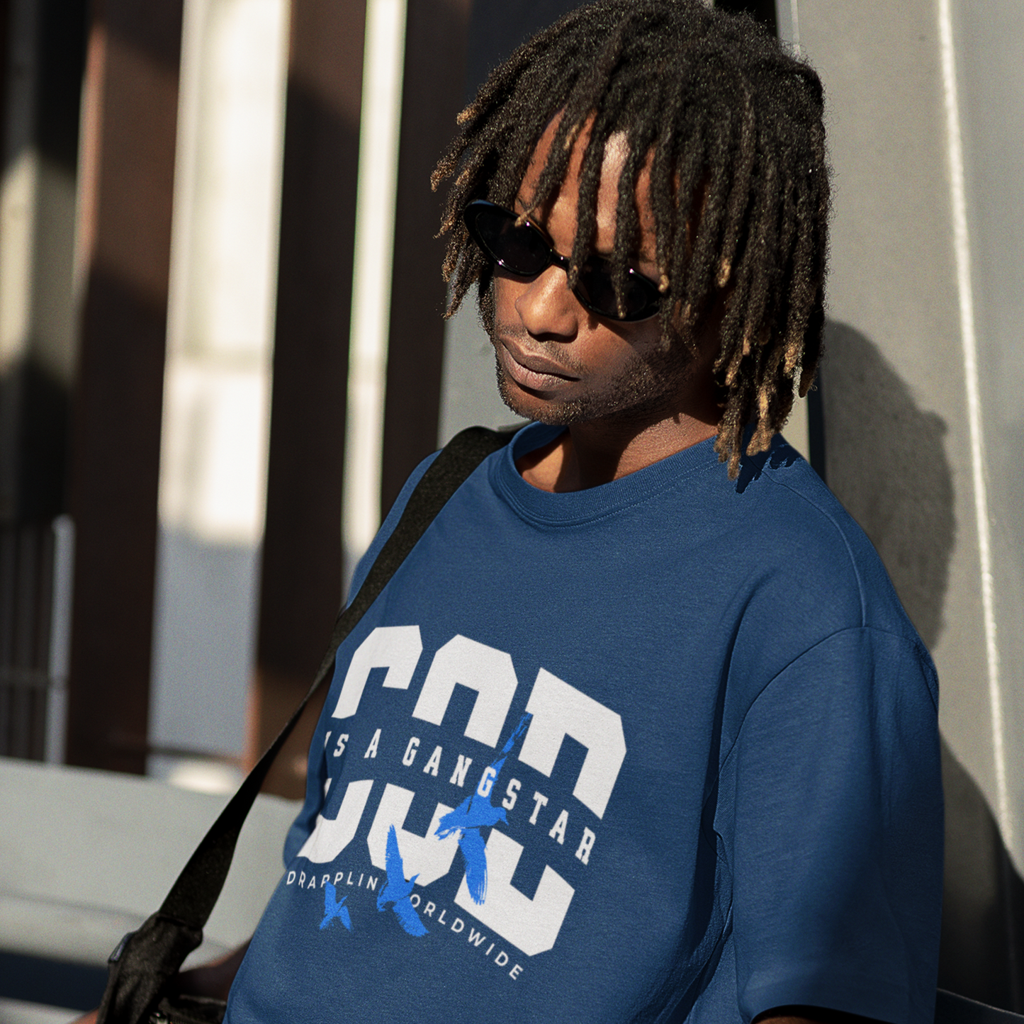 God Gangster Premium Navy Blue Oversized Typography Printed T-shirt