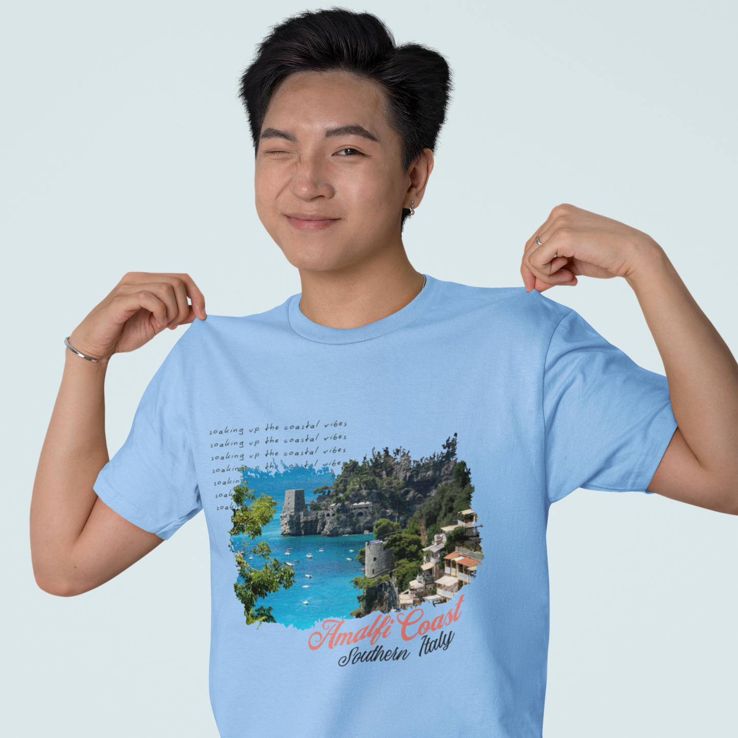 Amalfi Coast Baby Blue Crew Neck Graphic Printed T-shirt