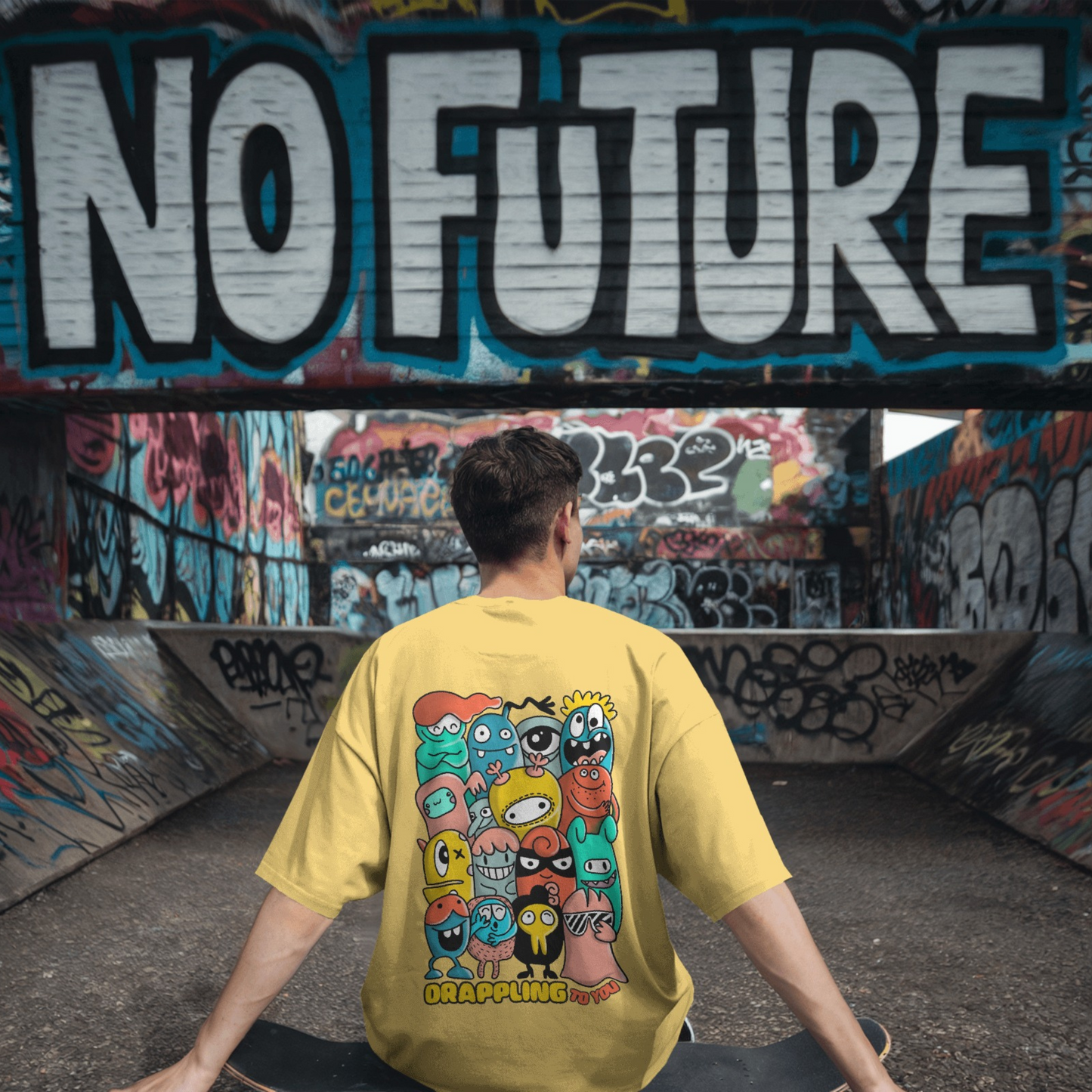 Drapplin To You Premium Mustard Yellow Oversized Typography Back Printed T-shirt