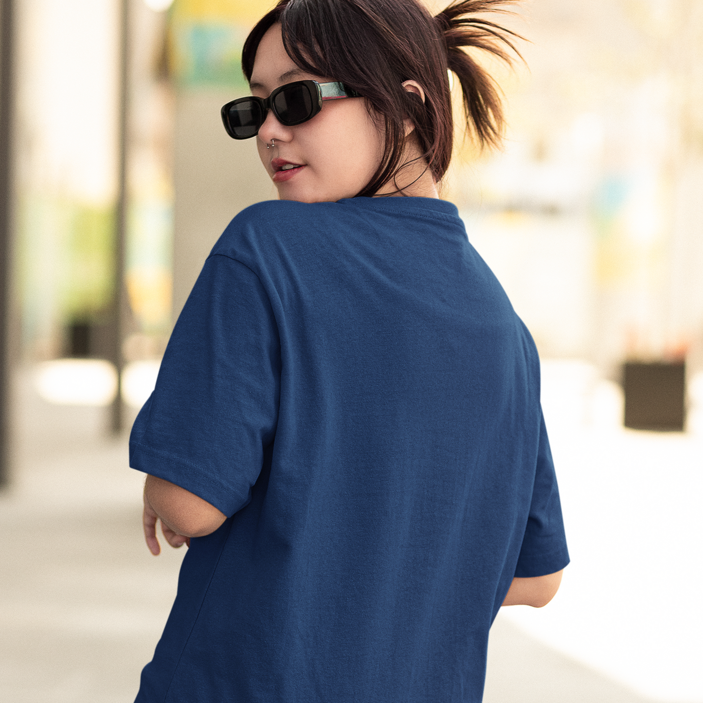 Smiley Premium Navy Blue Woman Oversized Printed T-shirt