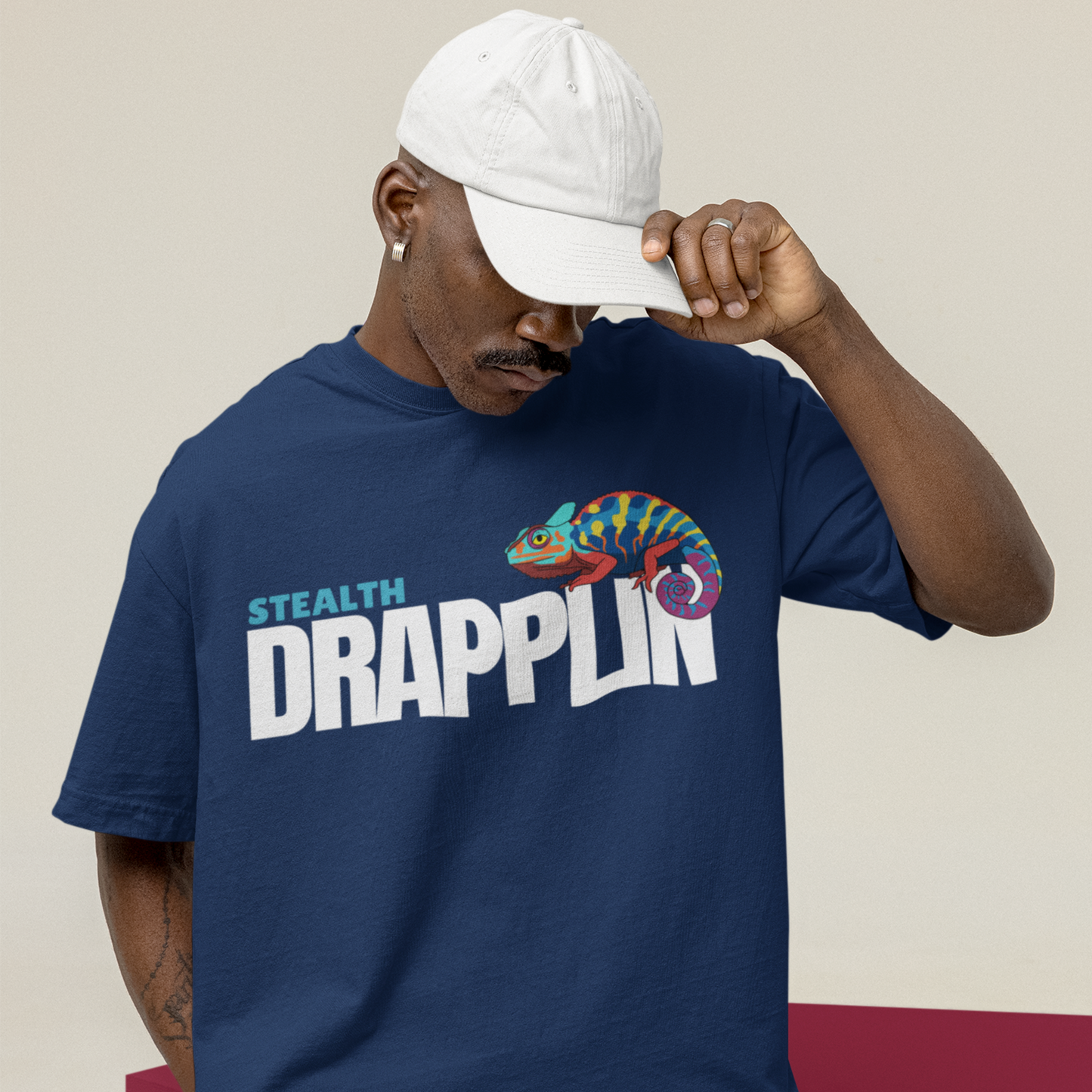 Stealth Premium Navy Blue Oversized Typography Printed T-shirt