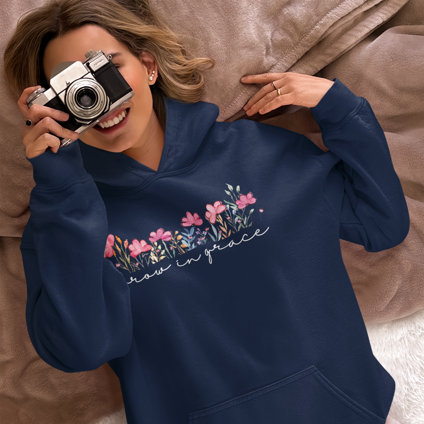 Grow Navy Blue Woman Regular Typographic Printed Hoodie