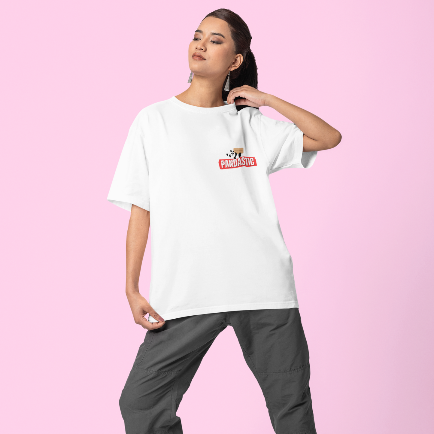 Pandastic Premium Woman White Oversized Printed T-shirt