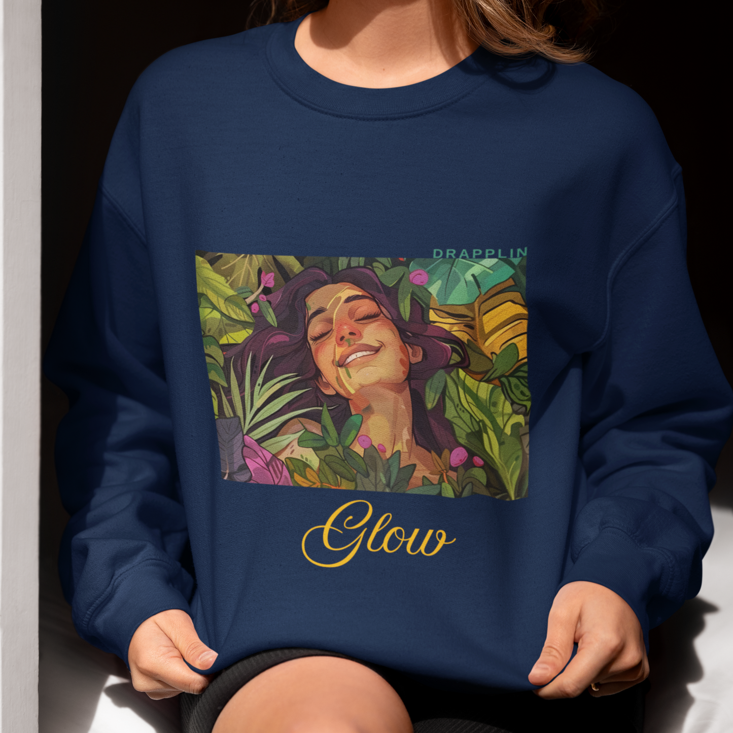 Glow Navy Blue Woman Regular Typographic Printed Sweatshirt