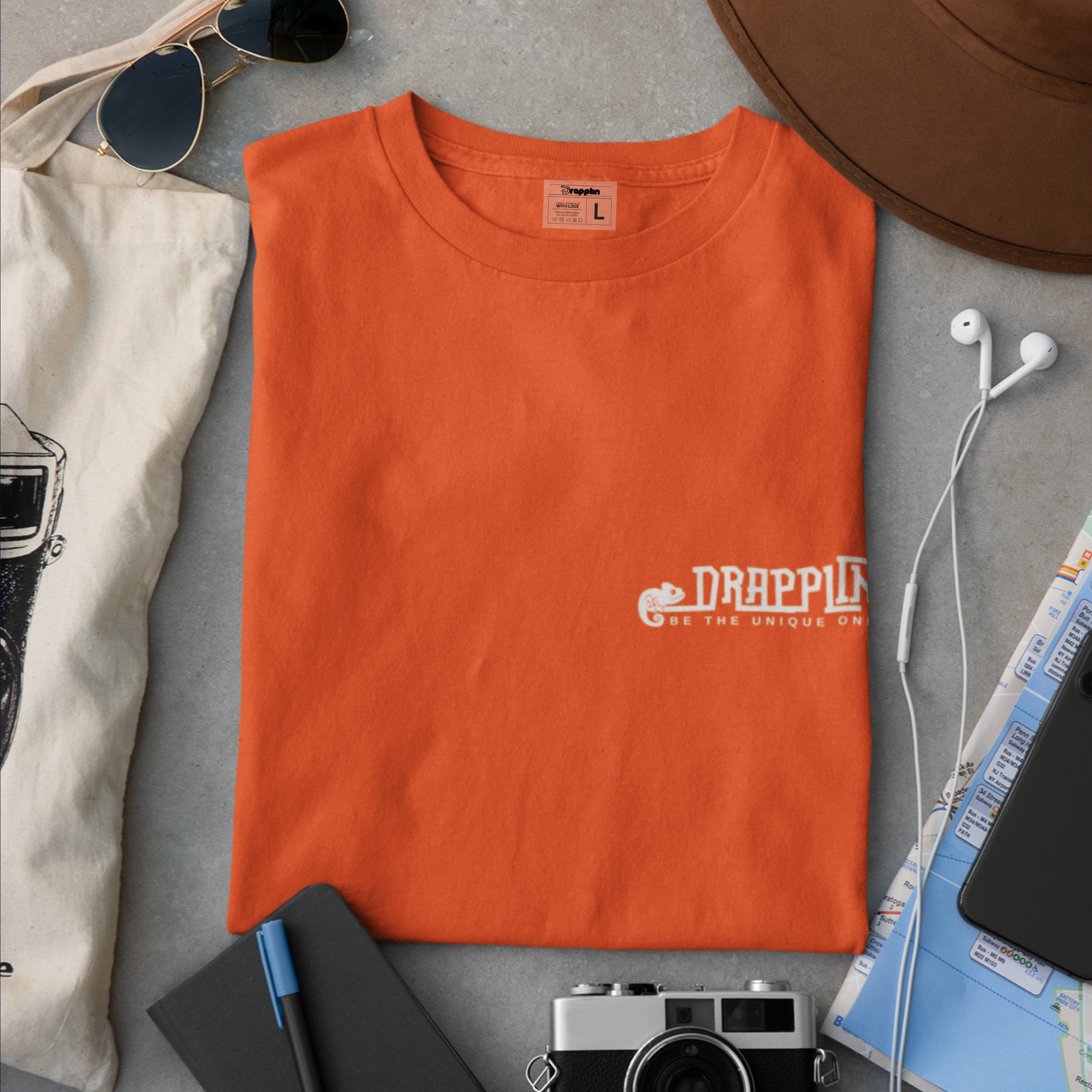Drapplin Logo Orange Crew Neck Embroidered T-shirt
