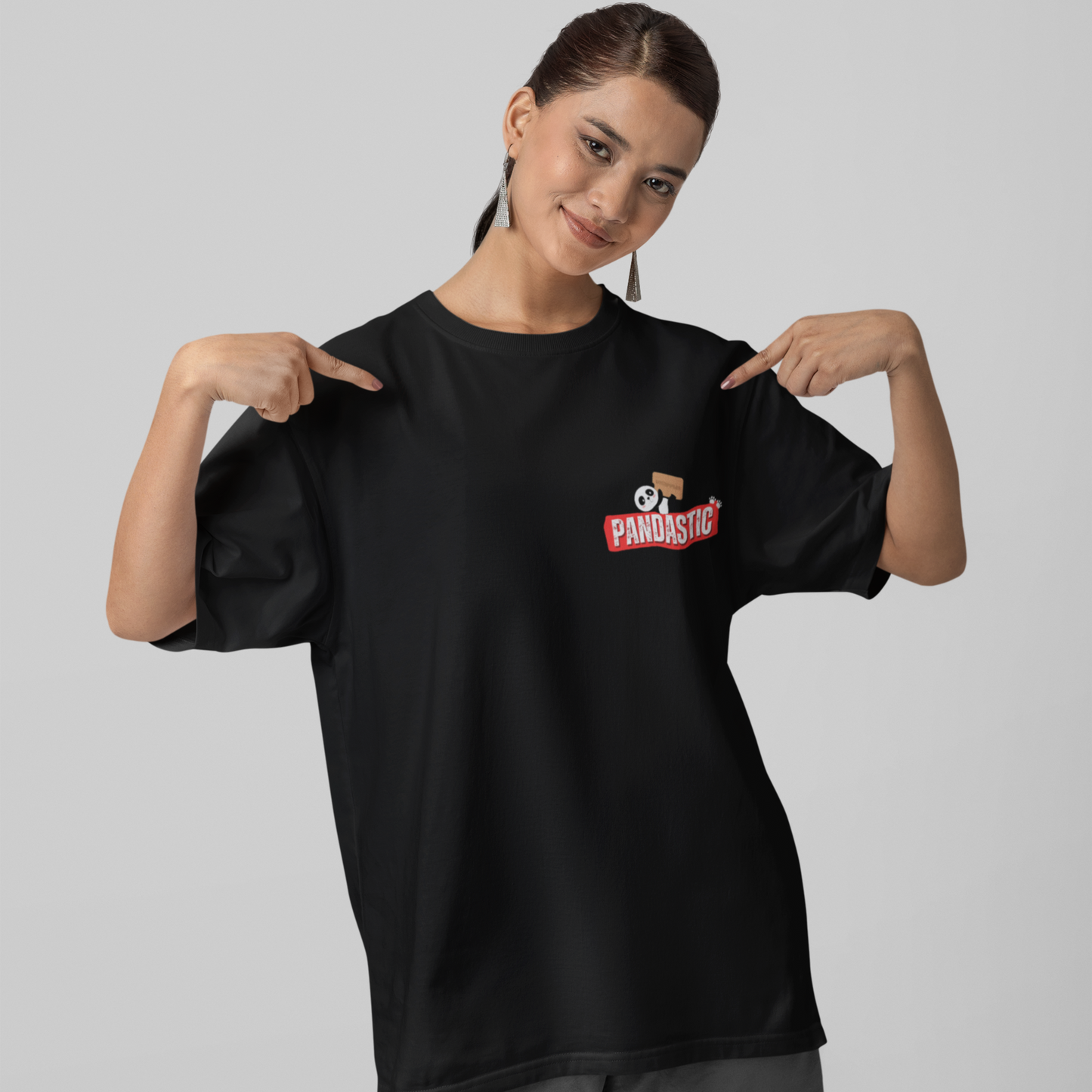 Pandastic Premium Woman Black Oversized Printed T-shirt