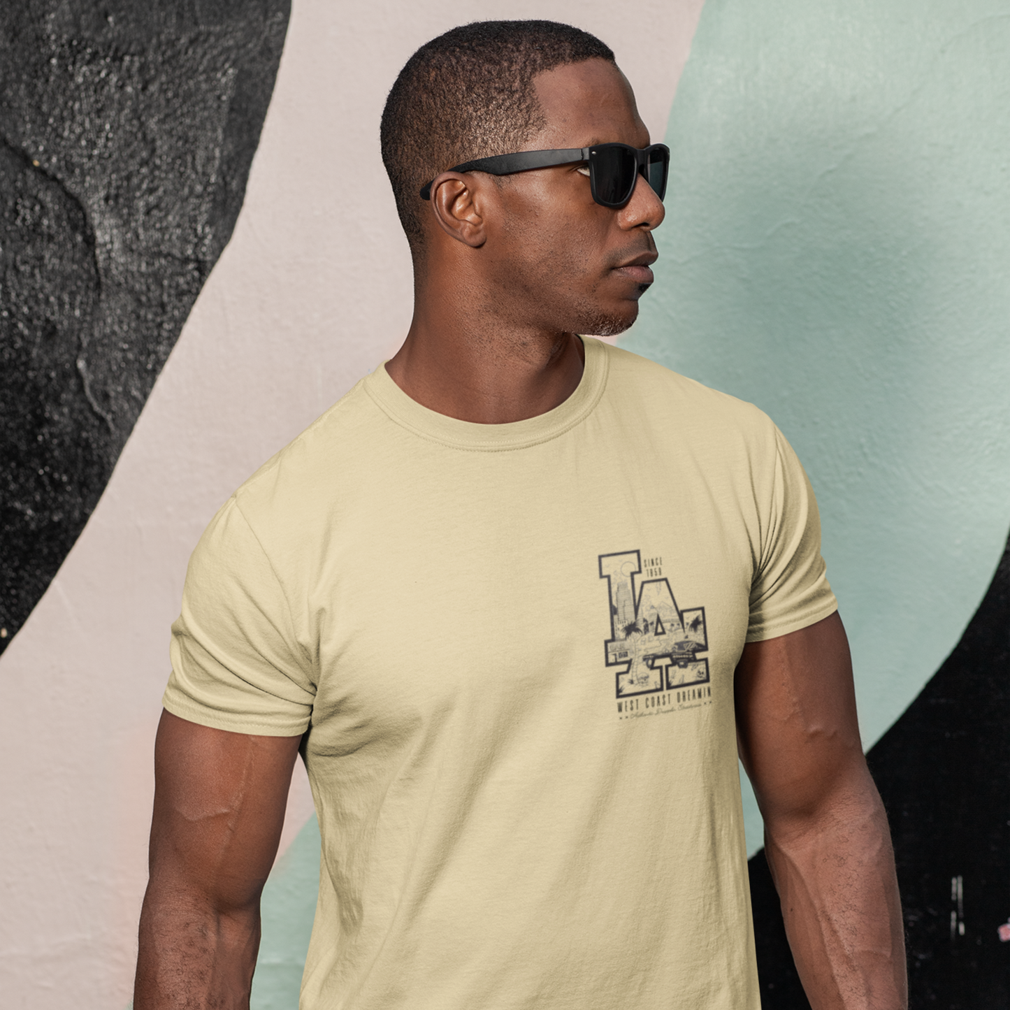 LA Beige Crew Neck Graphic Printed T-shirt